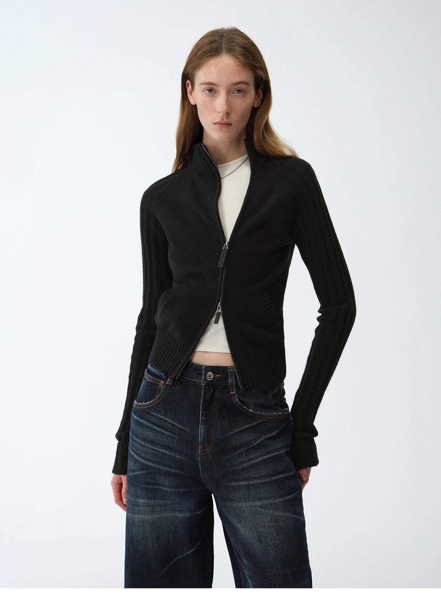 "Senna Melody" Oblique Placket Fine Merino Wool and Cotton Blend Zipper Knitted Cardigan Top for Women