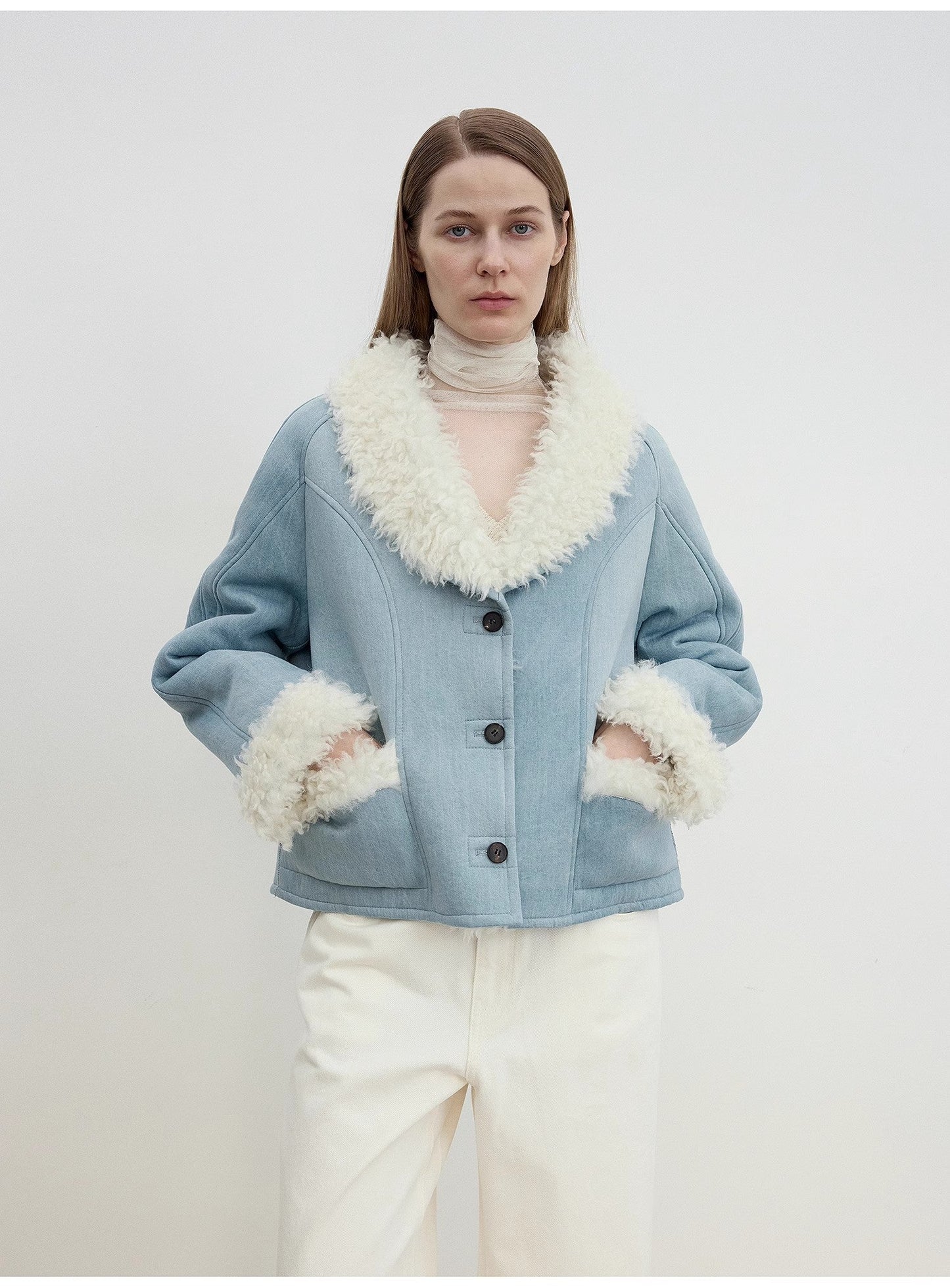 "Pure Era" Imported High-Quality Lamb Contrast Color Fruit Collar Short Wool Fur Coat