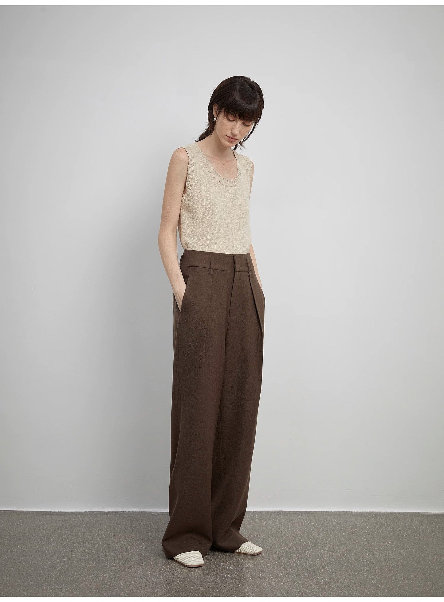 Women's White Straight Casual Wide Waist Drape Floor-Length Wide Leg Pants
