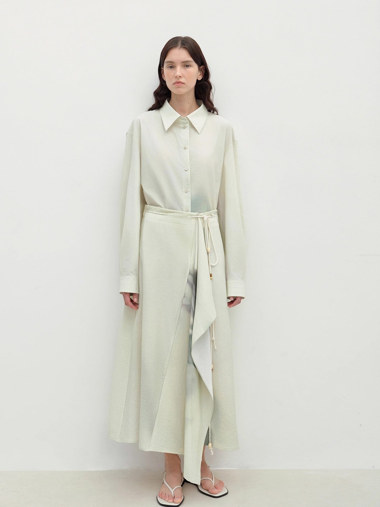 "Green Time" Lapel Side Slit Two-Wear Cotton Printed Shirt