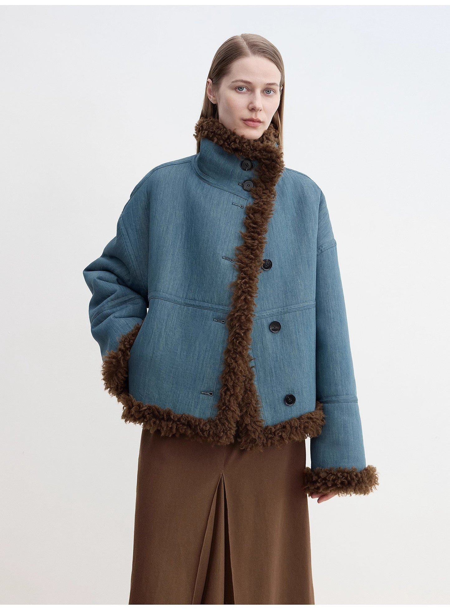 "Mint Glacier"Flip Collar Reversible Shearling Denim Wool Jacket