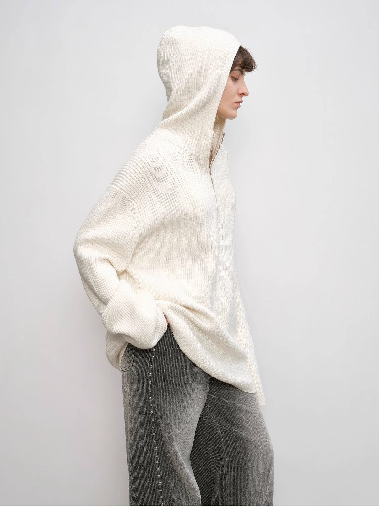 "Autumn Ticket" Simple and Versatile Zhongding 30s Wool Blend Hoodie Zipper Round Neck Sweater