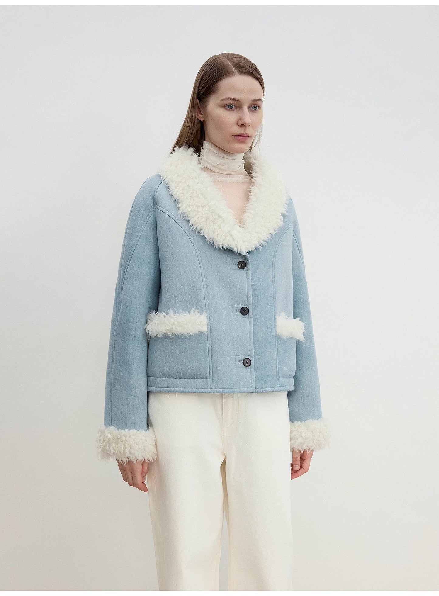 "Pure Era" Imported High-Quality Lamb Contrast Color Fruit Collar Short Wool Fur Coat