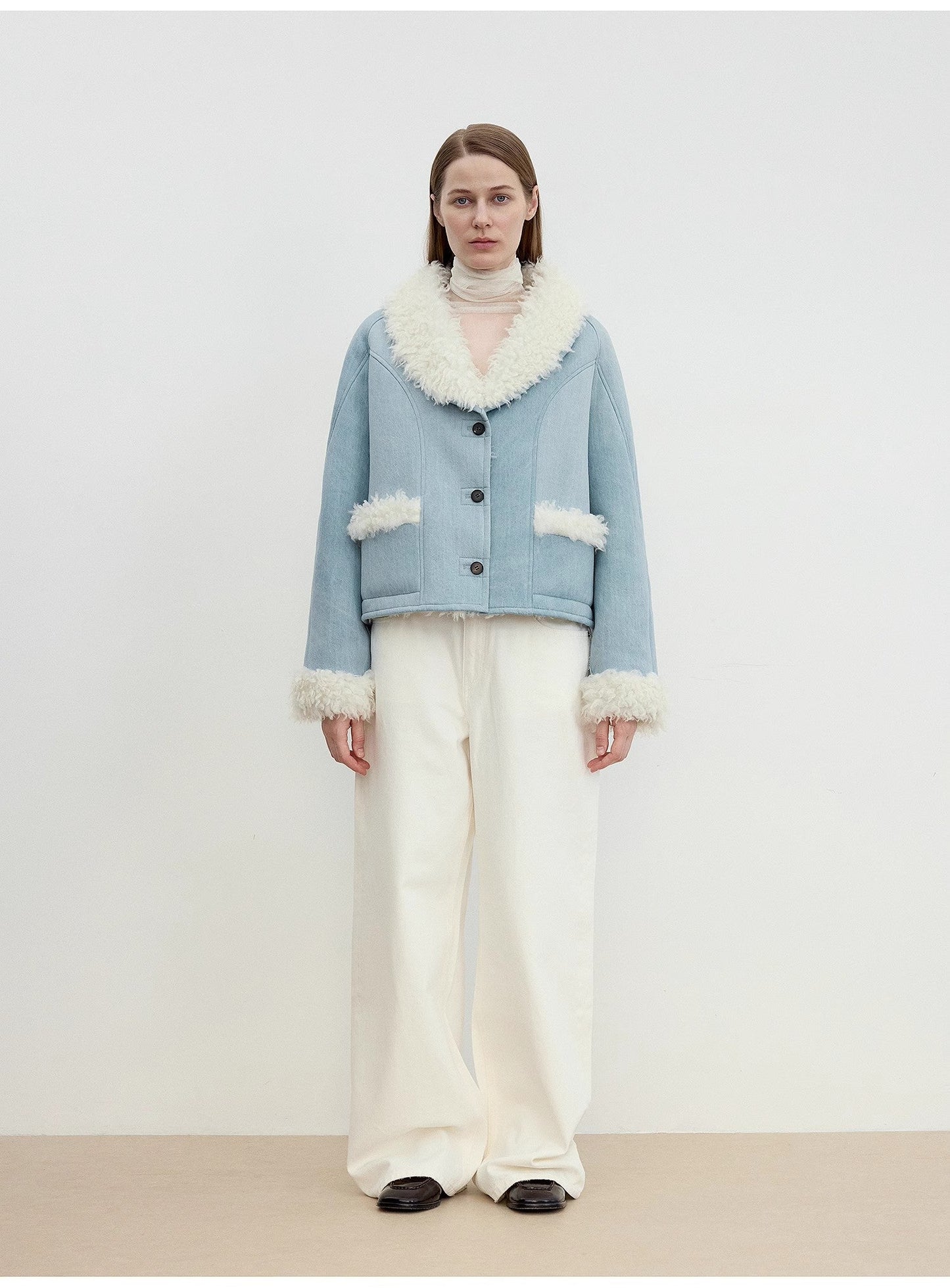 "Pure Era" Imported High-Quality Lamb Contrast Color Fruit Collar Short Wool Fur Coat