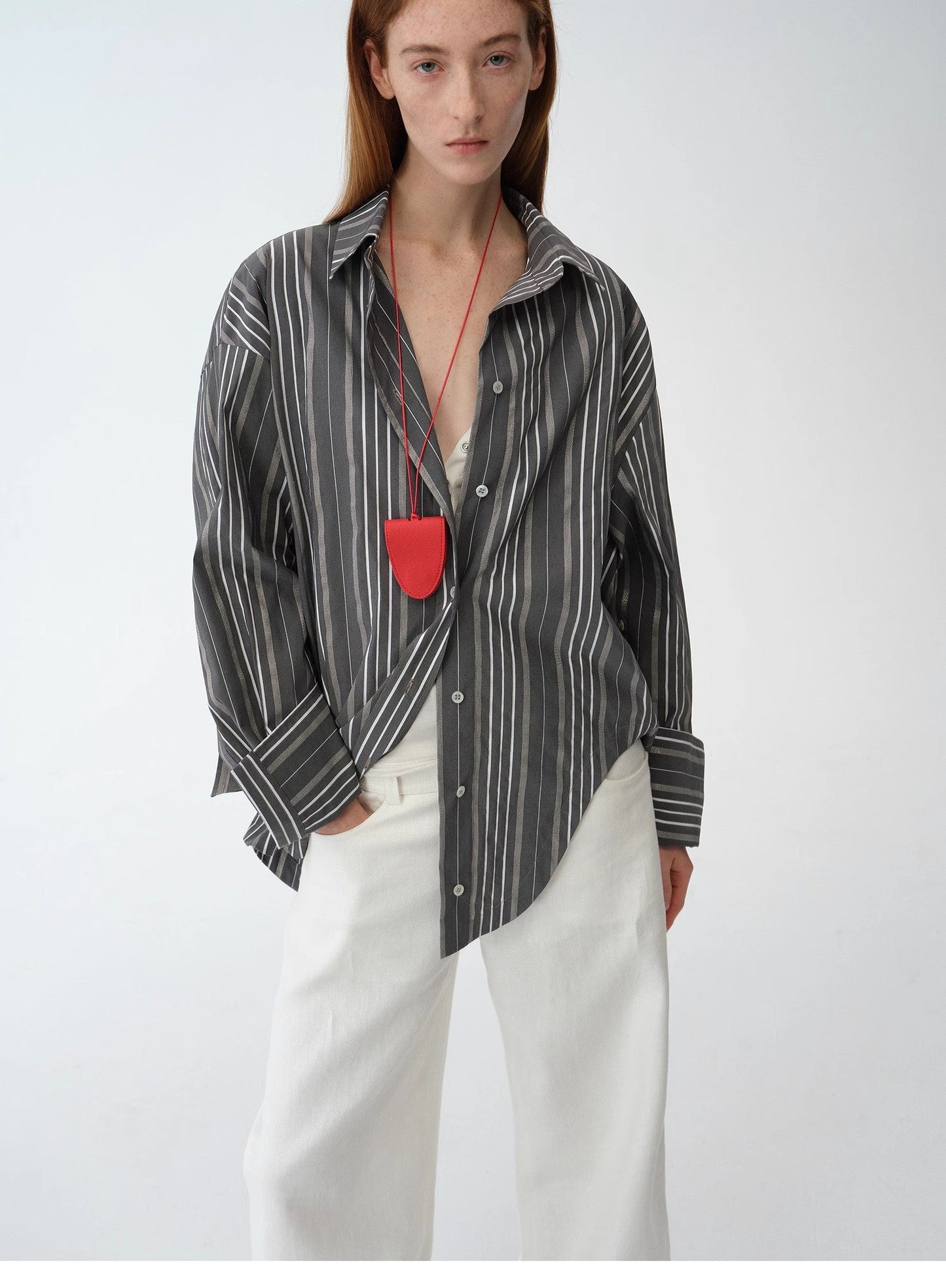 Casual Asymmetric Slanted Front Two-Wear Striped Long Sleeve Shirt