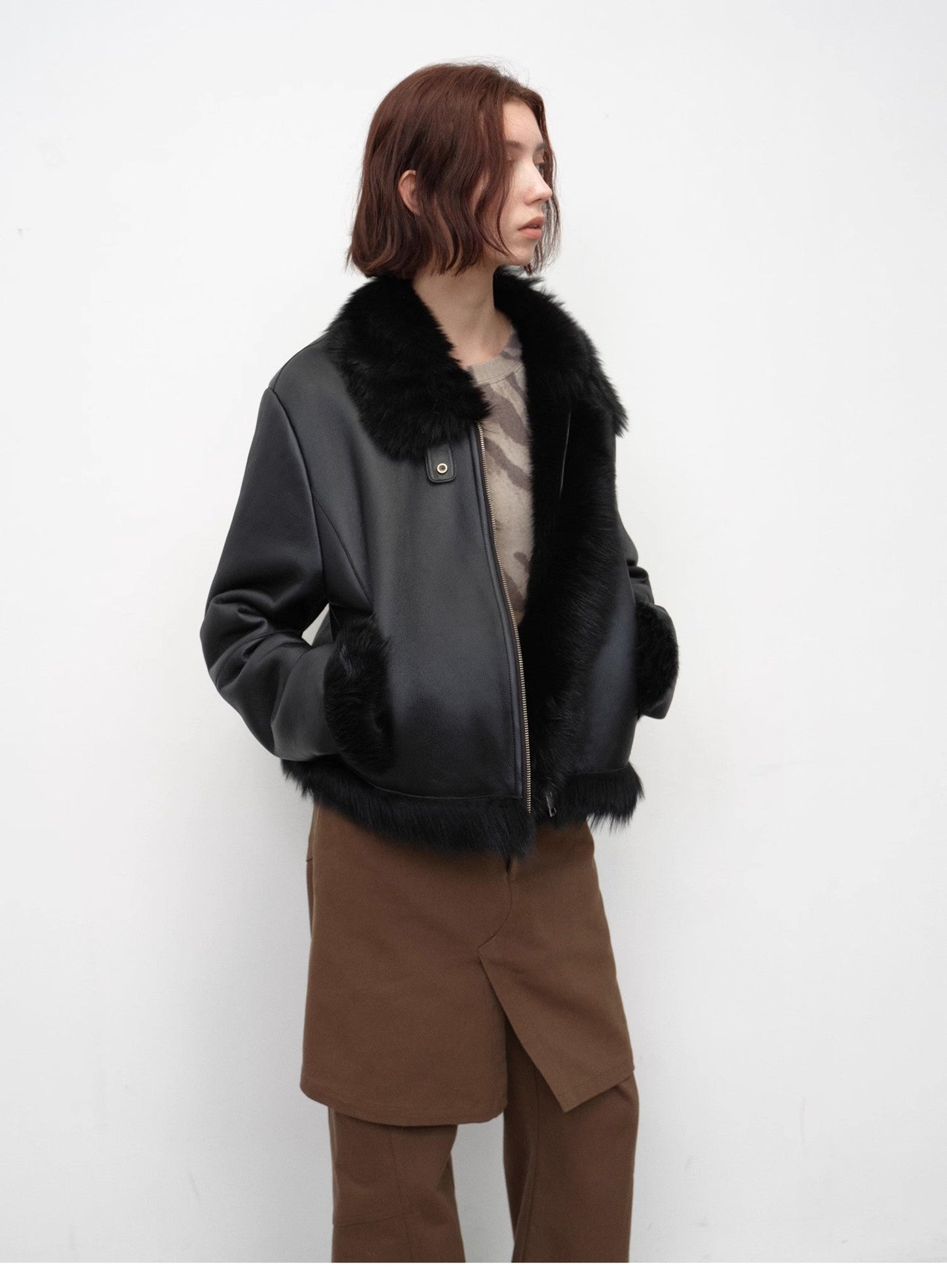 Fireladyfur Women's Shearling Coat - Motorcycle Style Tuscan Wool Short Jacket