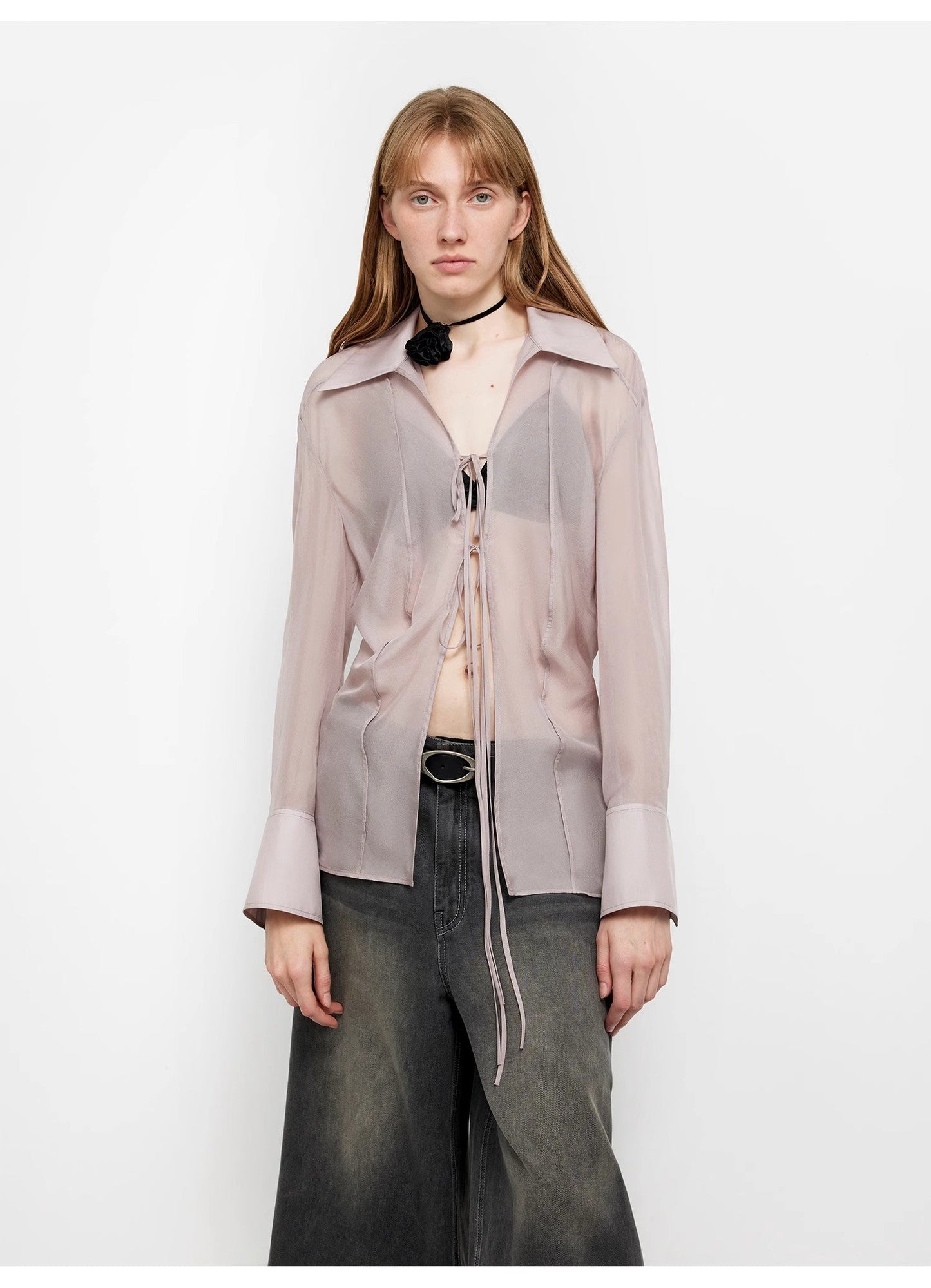 Silk Chiffon Light and Hazy Feeling Cool Drape Lace-Up Sun Protection Shirt