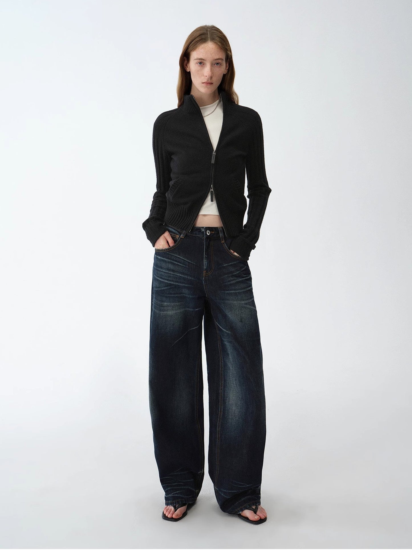 "Senna Melody" Oblique Placket Fine Merino Wool and Cotton Blend Zipper Knitted Cardigan Top for Women