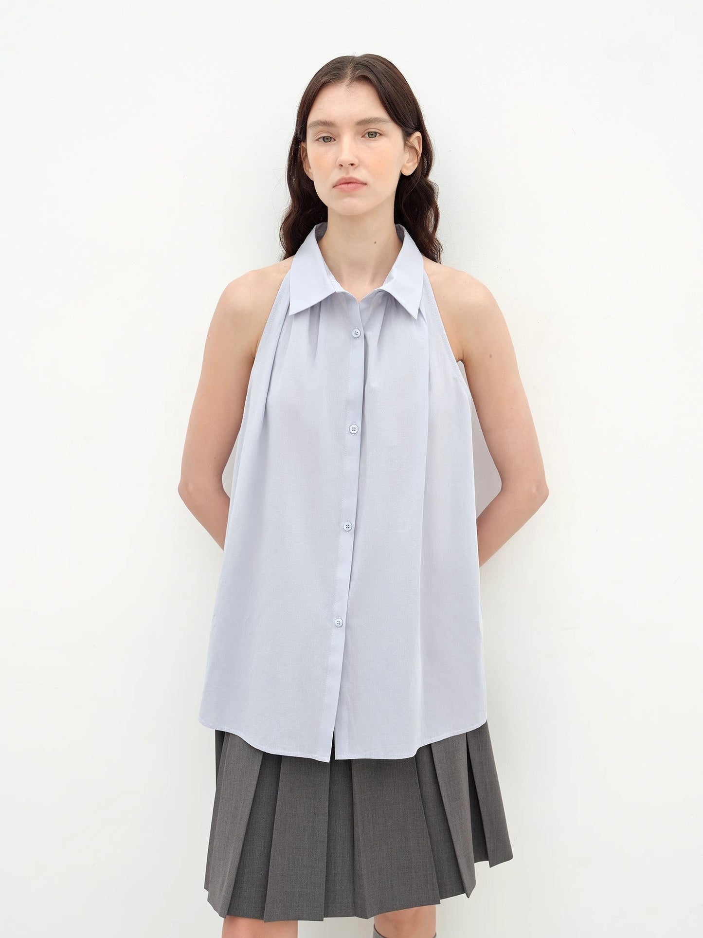 Pure Cotton Stand-Up Collar Sleeveless Striped Shirt Temperament Top for Women