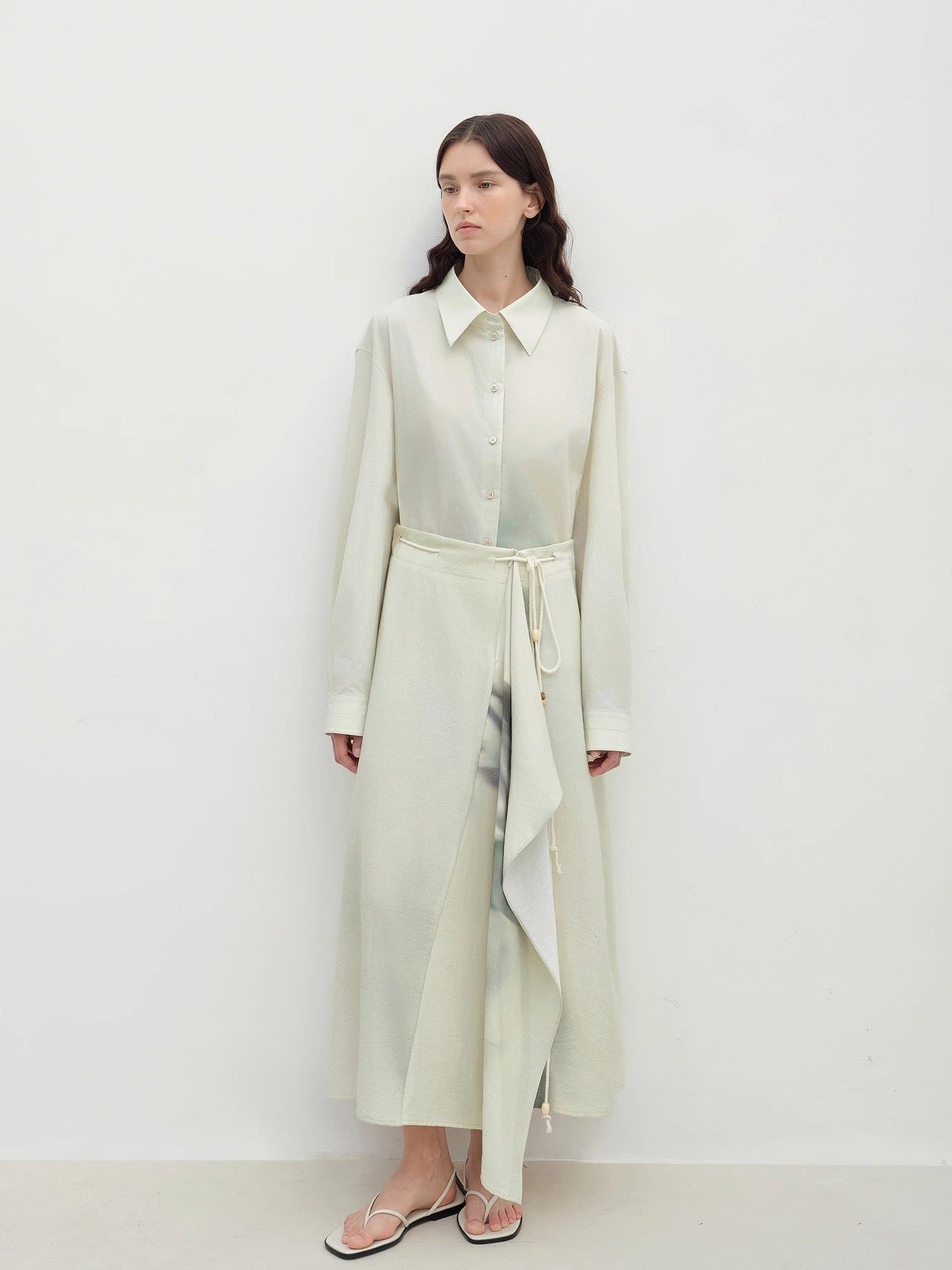 "Green Time" Lapel Side Slit Two-Wear Cotton Printed Shirt