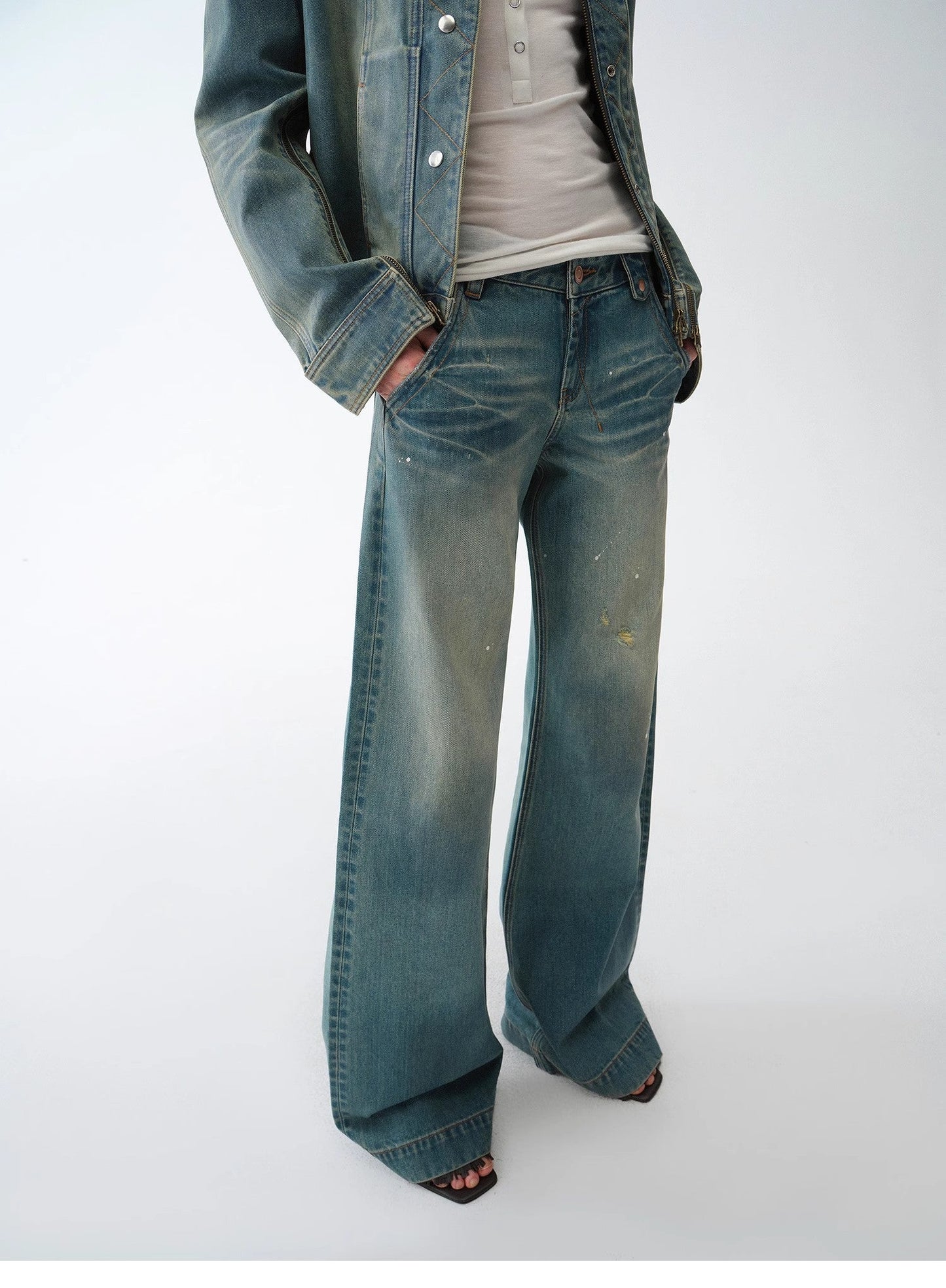"Climber" Leather-Coated Distressed Straight Low-Rise Cotton Denim Trousers for Spring