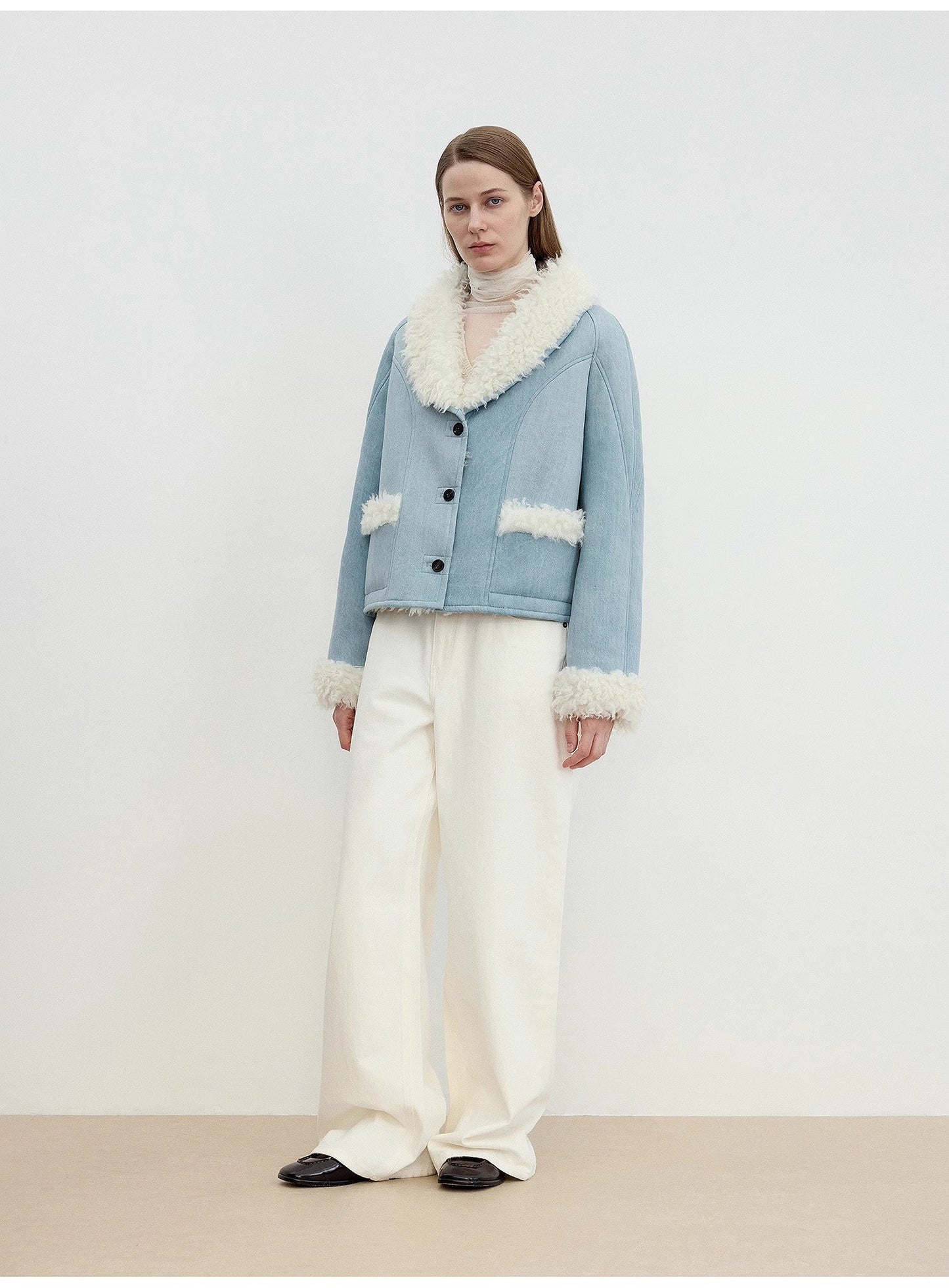 "Pure Era" Imported High-Quality Lamb Contrast Color Fruit Collar Short Wool Fur Coat