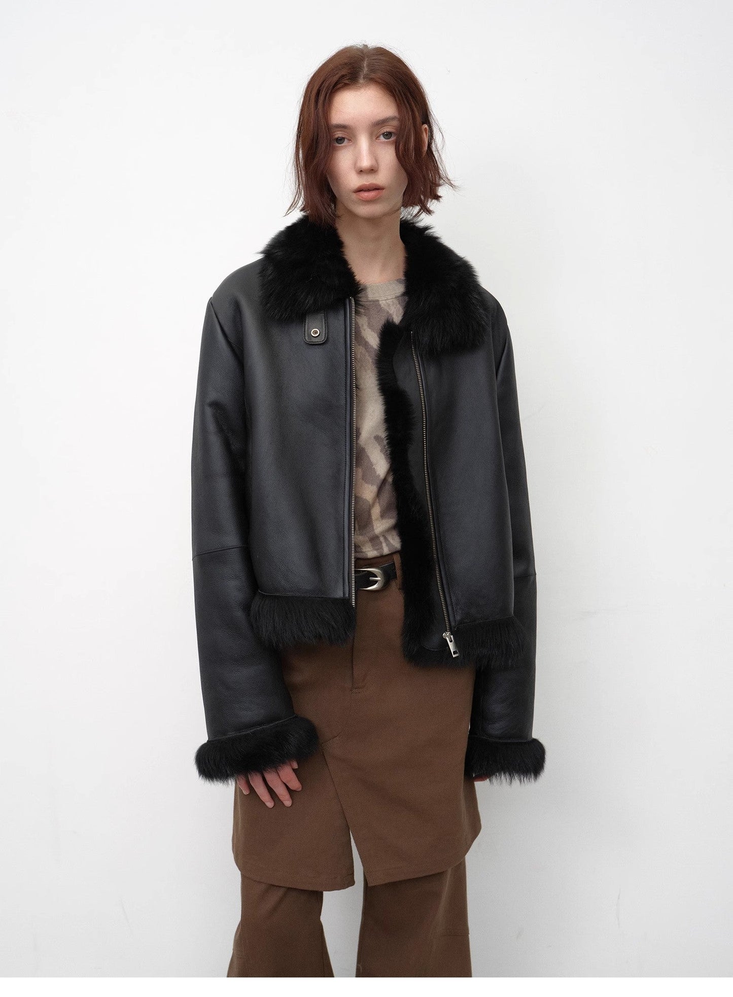 Fireladyfur Women's Shearling Coat - Motorcycle Style Tuscan Wool Short Jacket