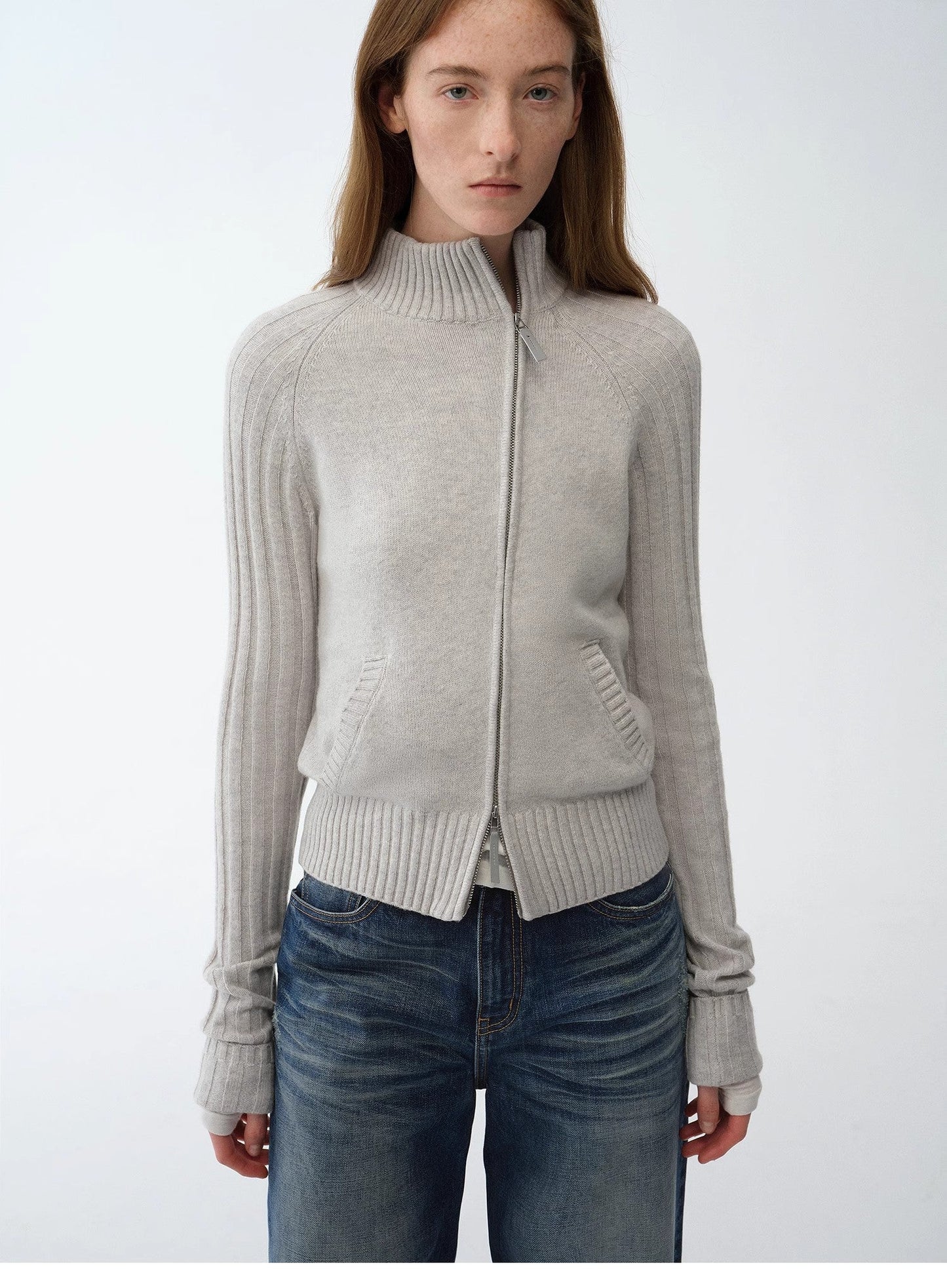 "Senna Melody" Oblique Placket Fine Merino Wool and Cotton Blend Zipper Knitted Cardigan Top for Women