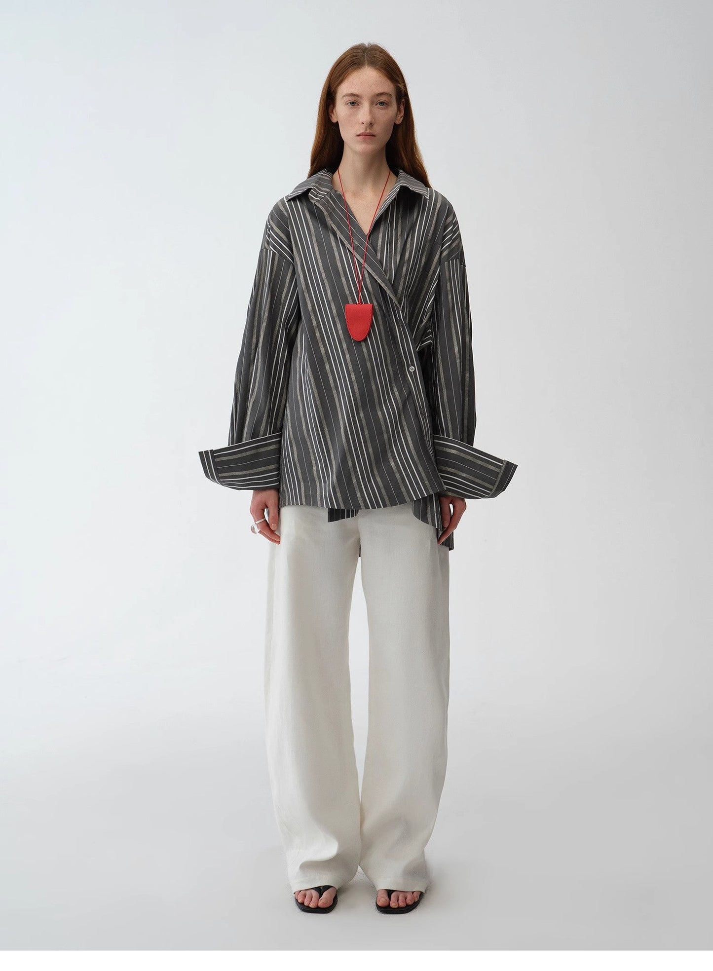 Casual Asymmetric Slanted Front Two-Wear Striped Long Sleeve Shirt