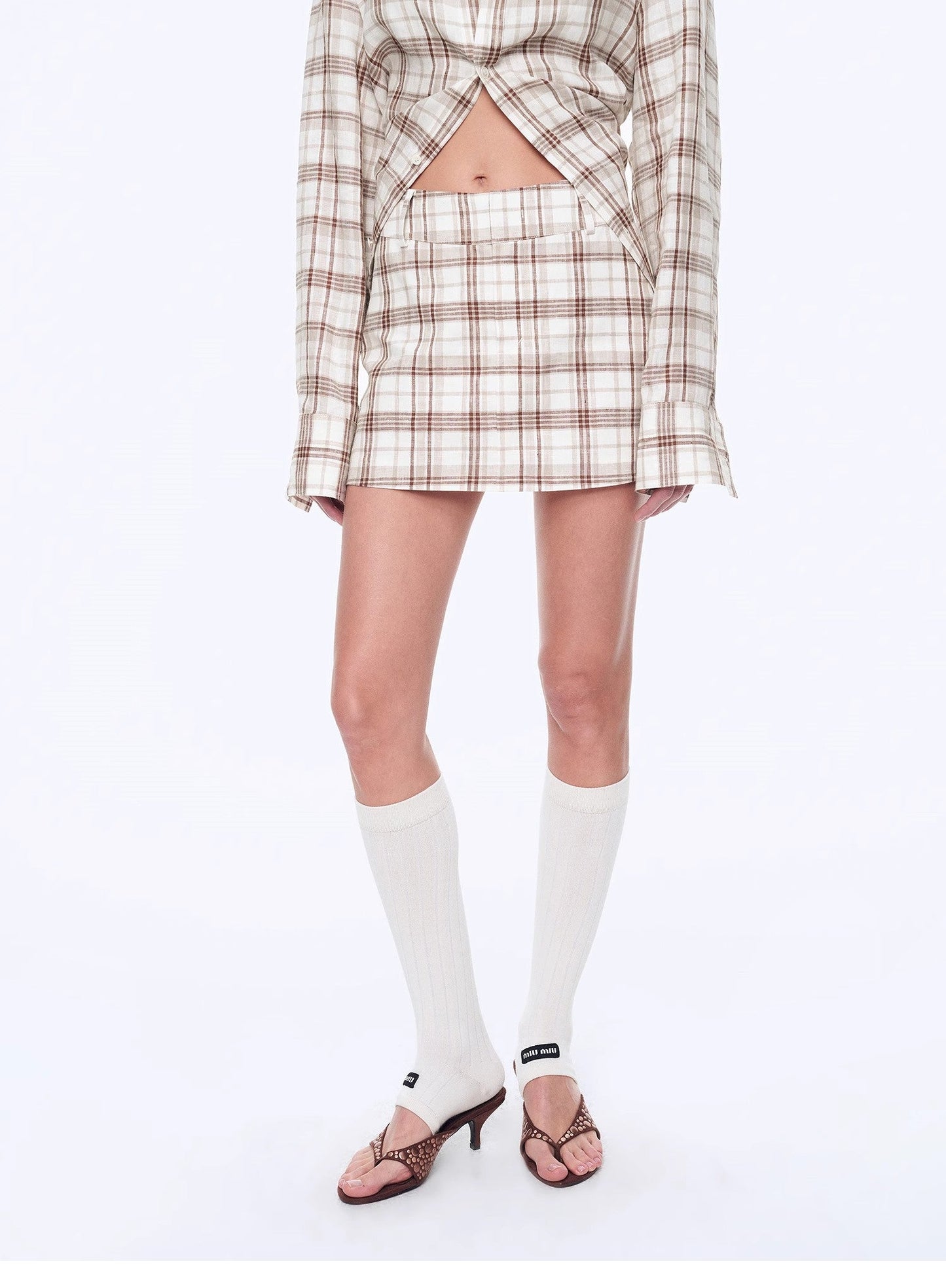 Vintage Linen Shirt Skirt Two-Piece Spring"Plaid Sketch"