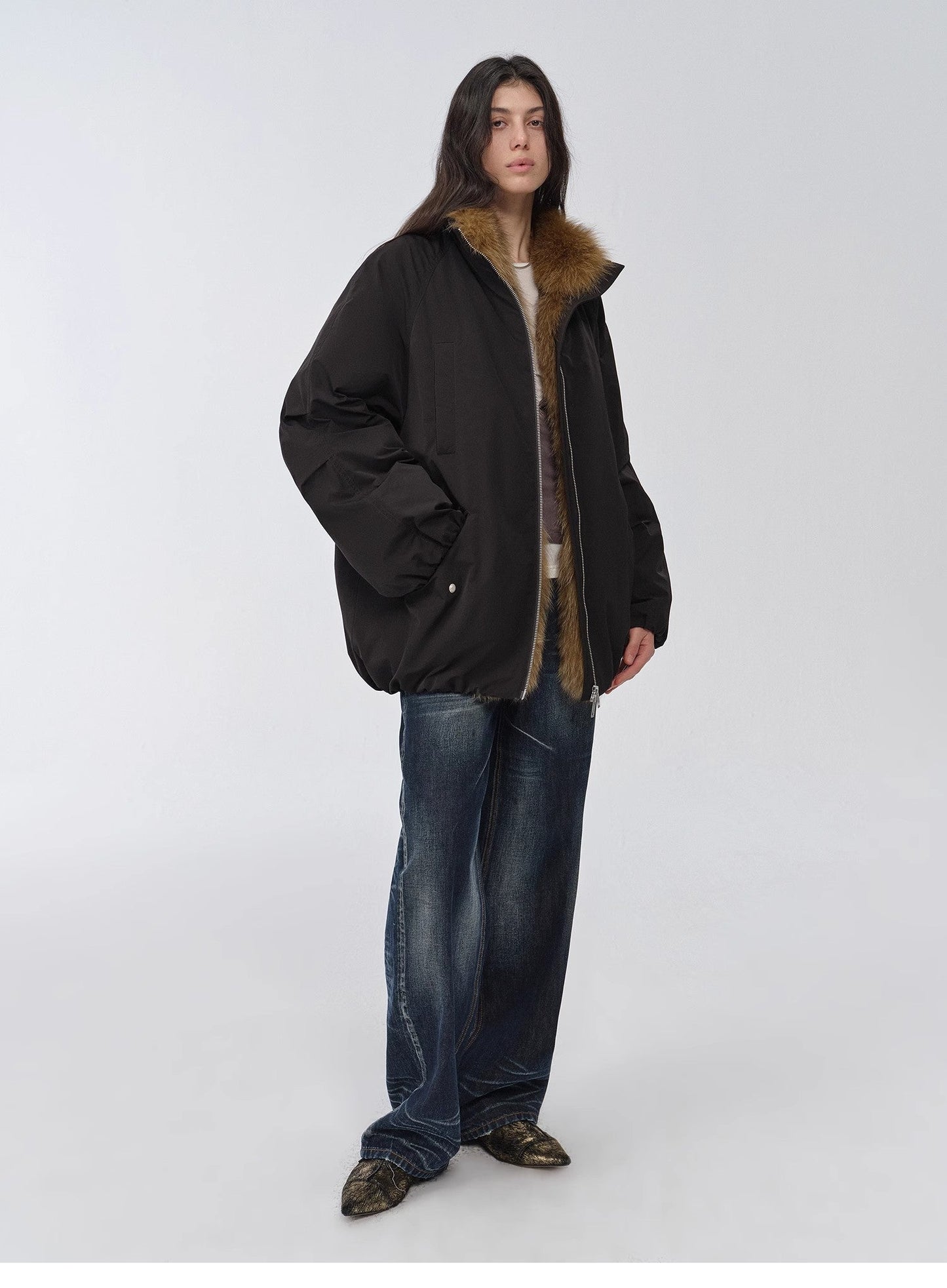 Fireladyfur Women's Mid-Length Two-Tone Fox Fur Down Jacket"Warm Dialogue"