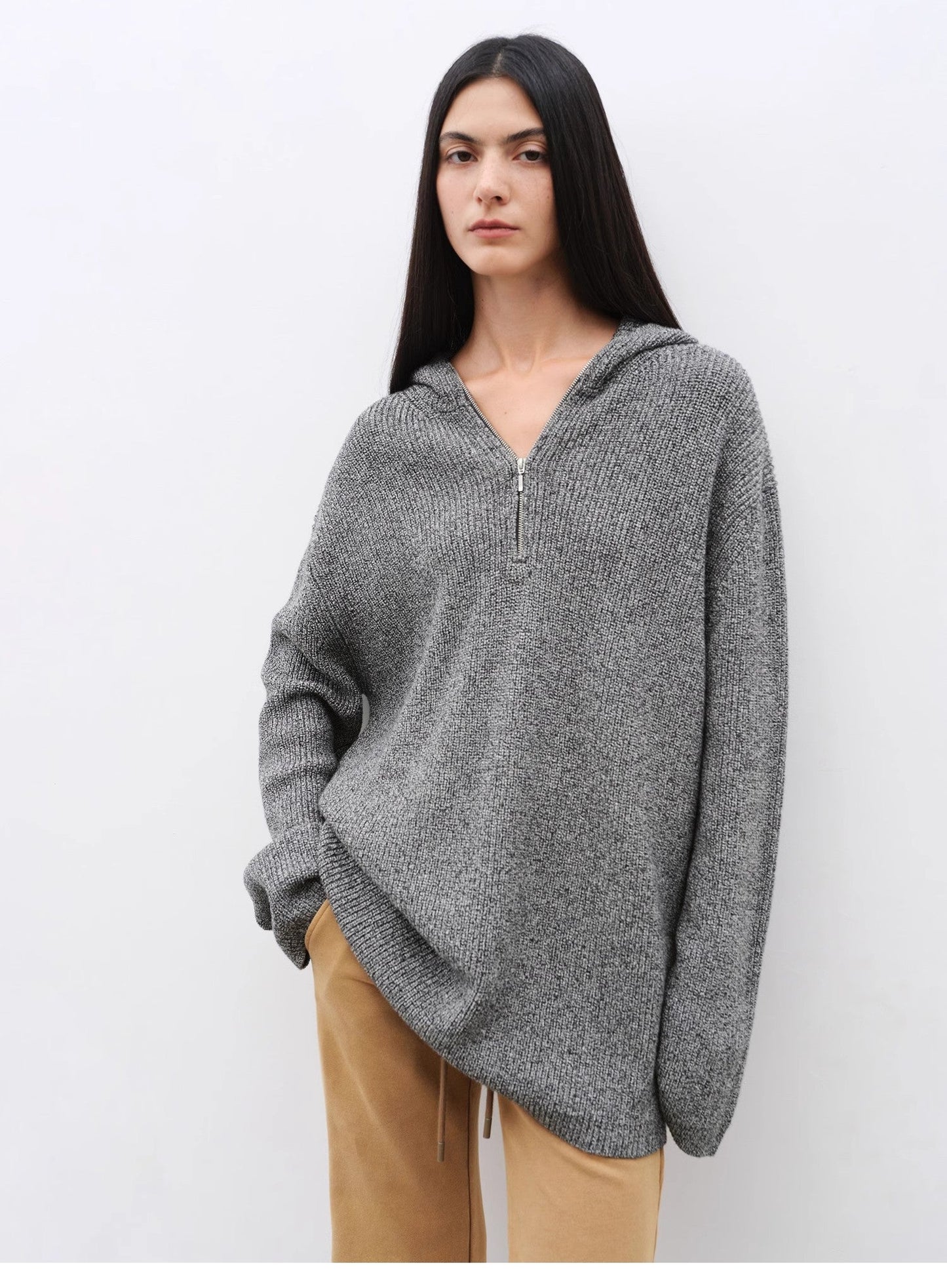 "Autumn Ticket" Simple and Versatile Zhongding 30s Wool Blend Hoodie Zipper Round Neck Sweater