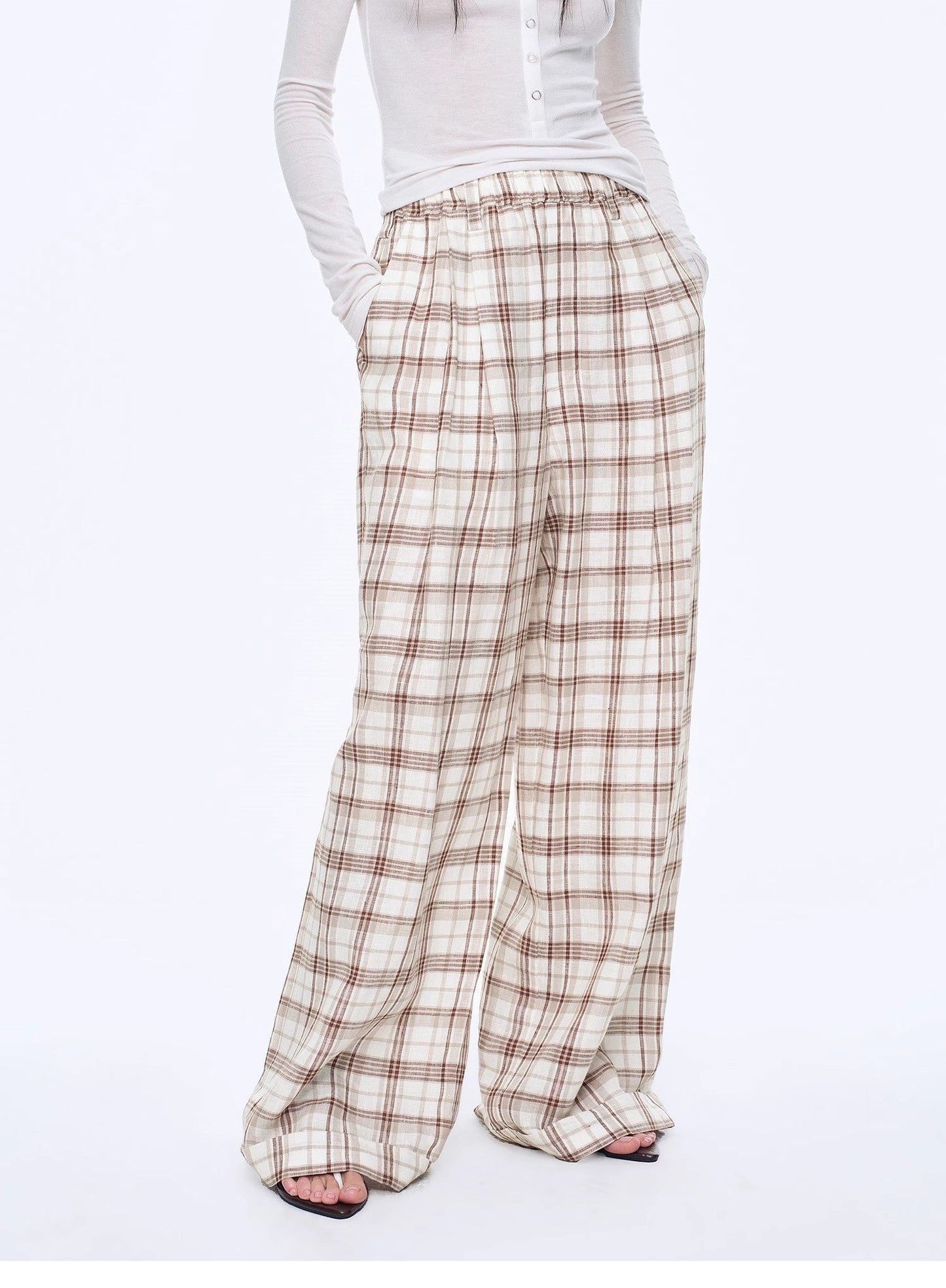 "Plaid Accent" National Style Tencel Acetate Jacquard/Drape Linen Plaid Retro Casual Pants Spring