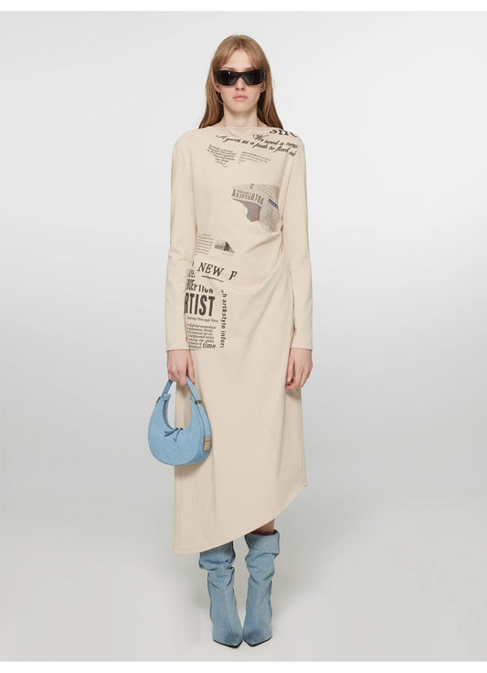 One-Shoulder Bias-Cut Dress Women's Pleated Waist Slimming Long Dress