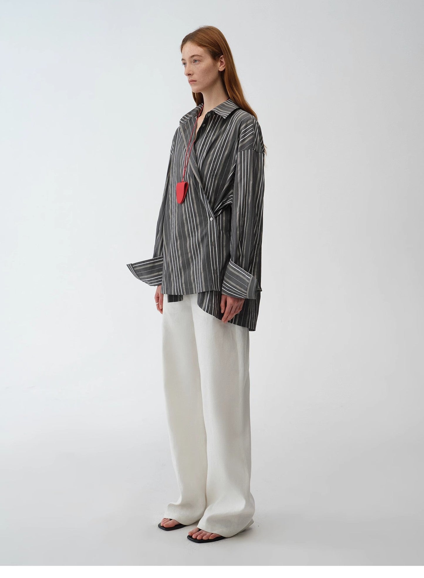 Casual Asymmetric Slanted Front Two-Wear Striped Long Sleeve Shirt