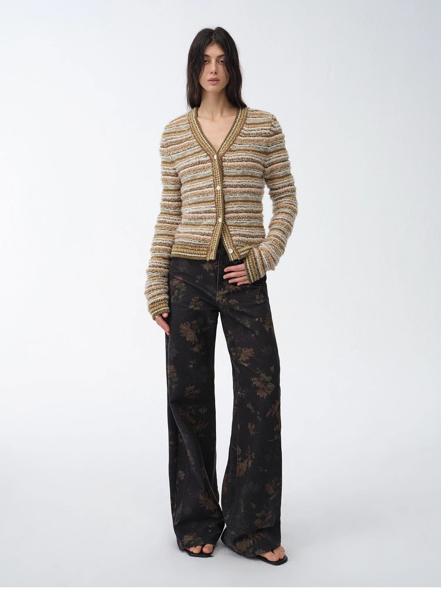 "Nice Weekend" Striped Mixed Woven V-Neck Early Spring Layered Knitted Cardigan Top/Vest