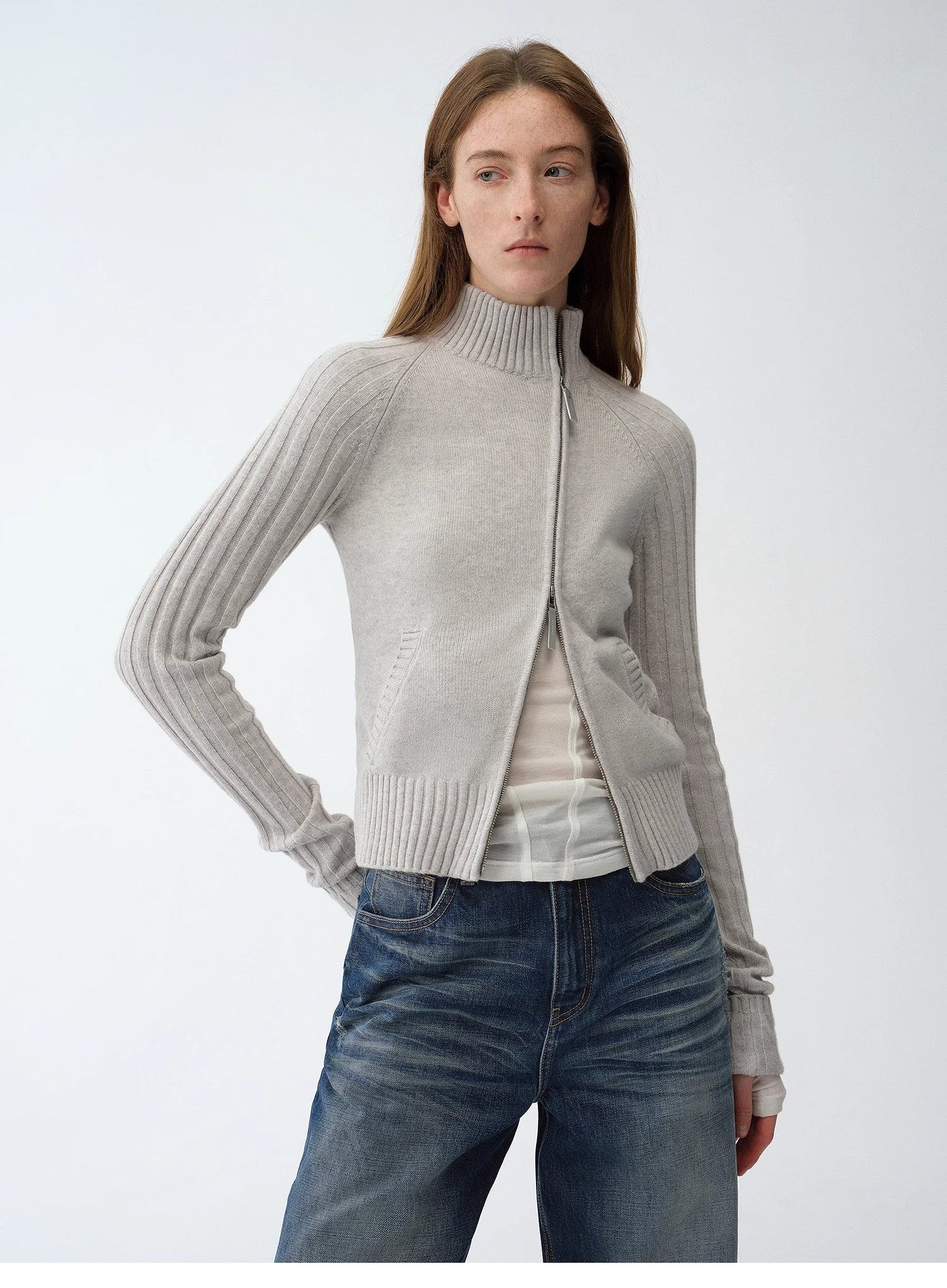 "Senna Melody" Oblique Placket Fine Merino Wool and Cotton Blend Zipper Knitted Cardigan Top for Women