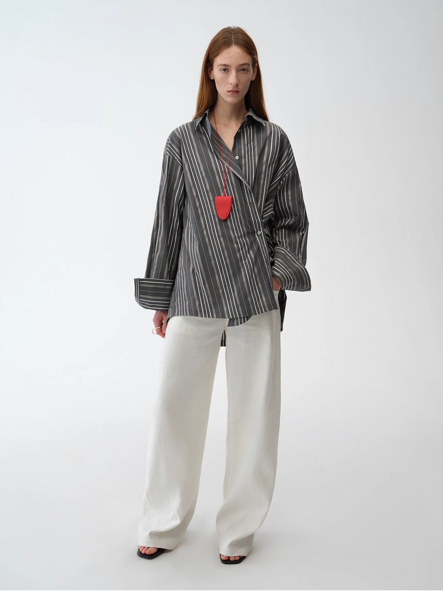 Casual Asymmetric Slanted Front Two-Wear Striped Long Sleeve Shirt