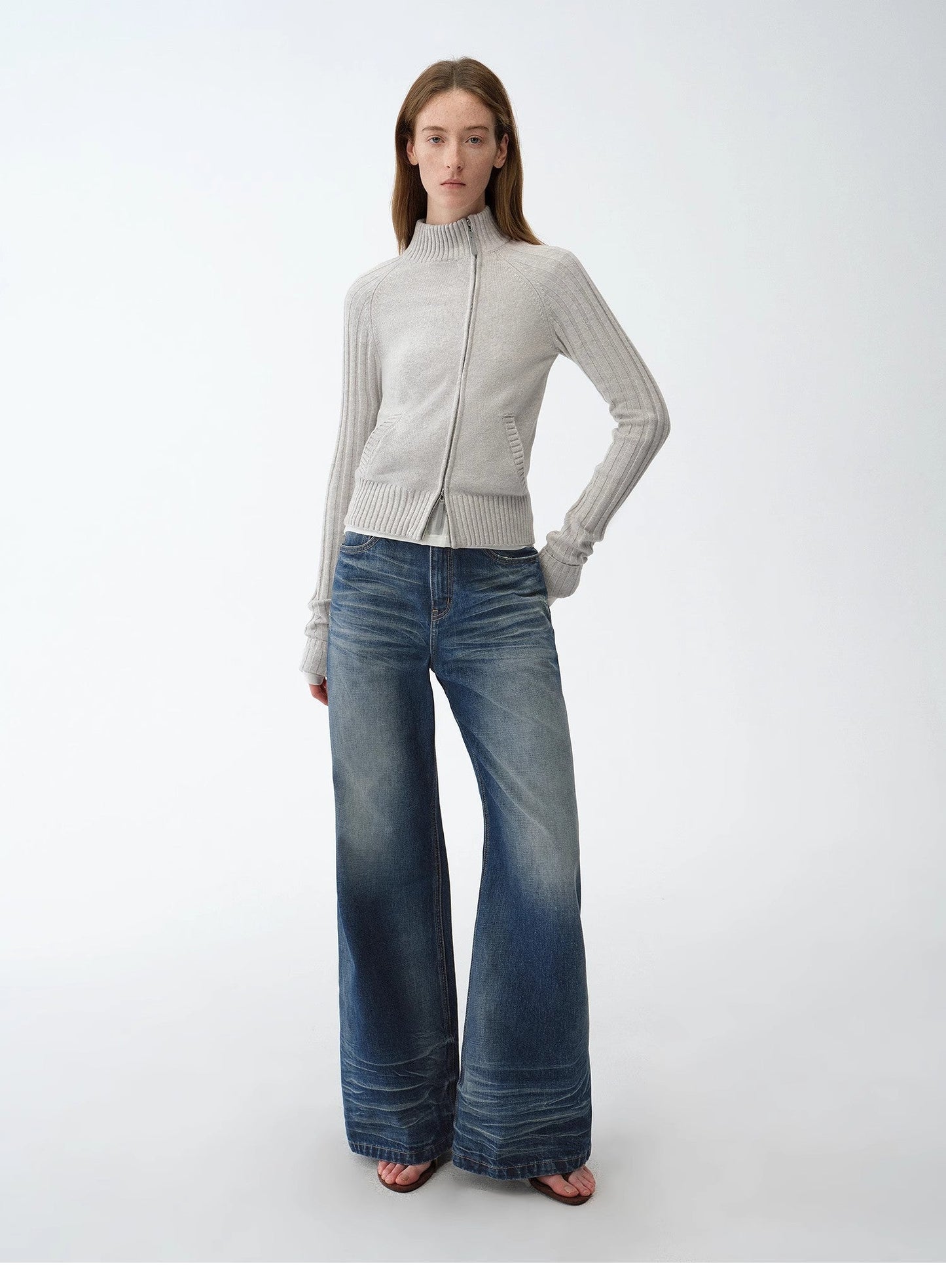 "Senna Melody" Oblique Placket Fine Merino Wool and Cotton Blend Zipper Knitted Cardigan Top for Women