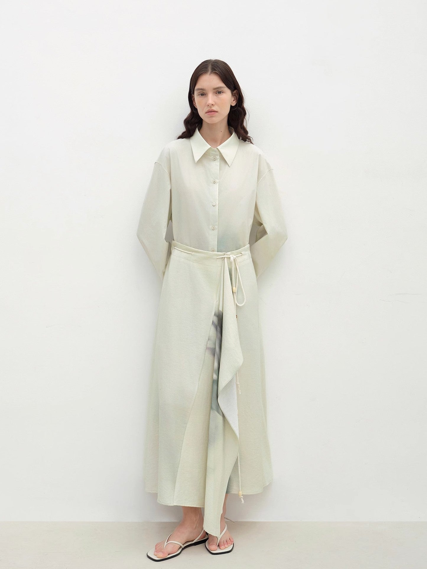 "Green Time" Lapel Side Slit Two-Wear Cotton Printed Shirt