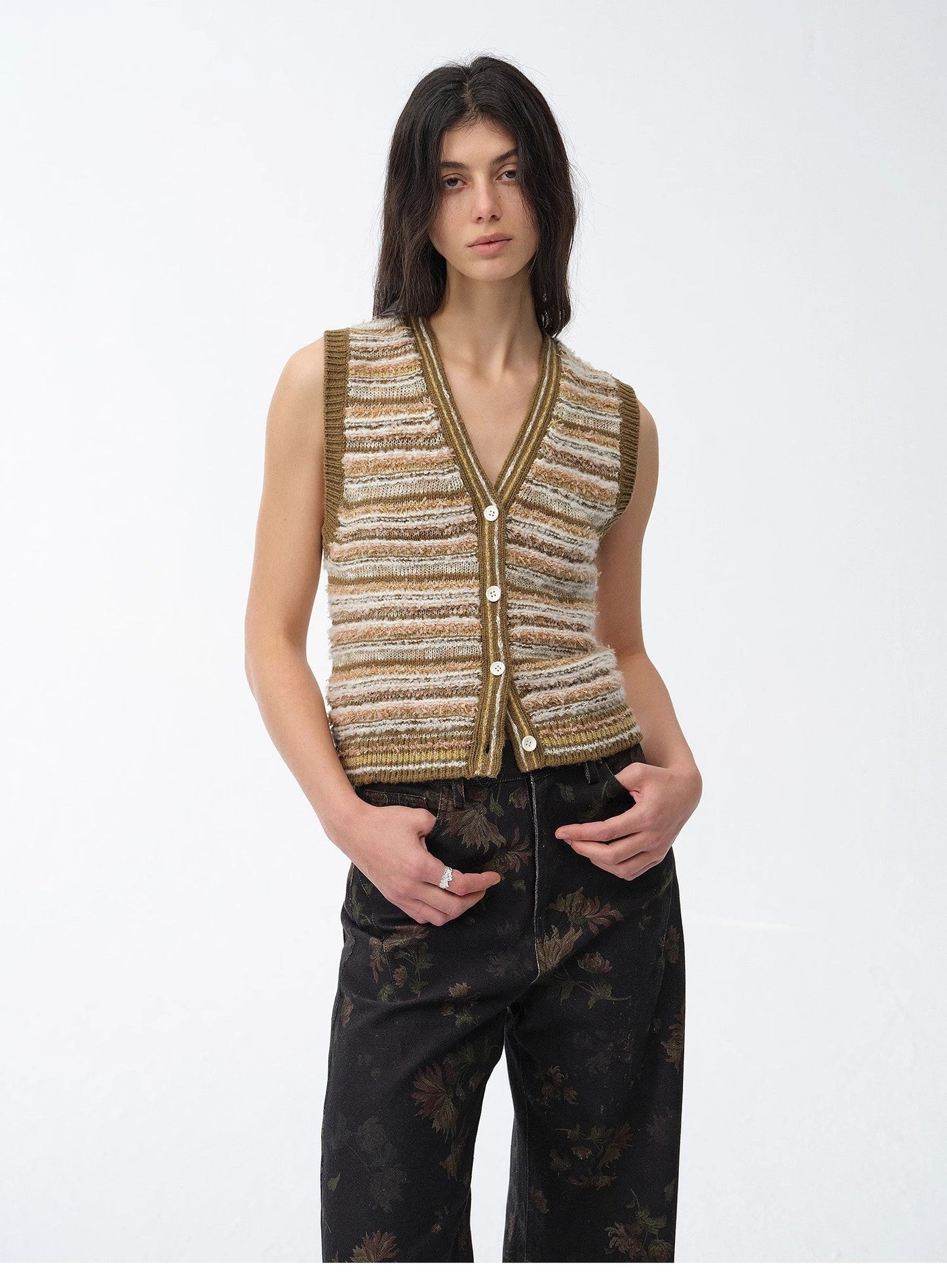 "Nice Weekend" Striped Mixed Woven V-Neck Early Spring Layered Knitted Cardigan Top/Vest