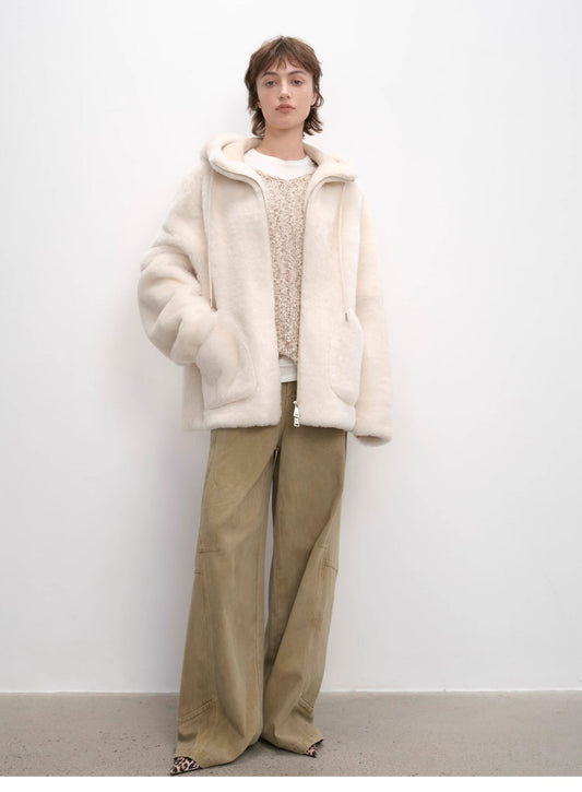 "Otaru Snow" Casual Hooded Silhouette Dropped Shoulder Merino Wool Sheepskin Fur Coat for Women