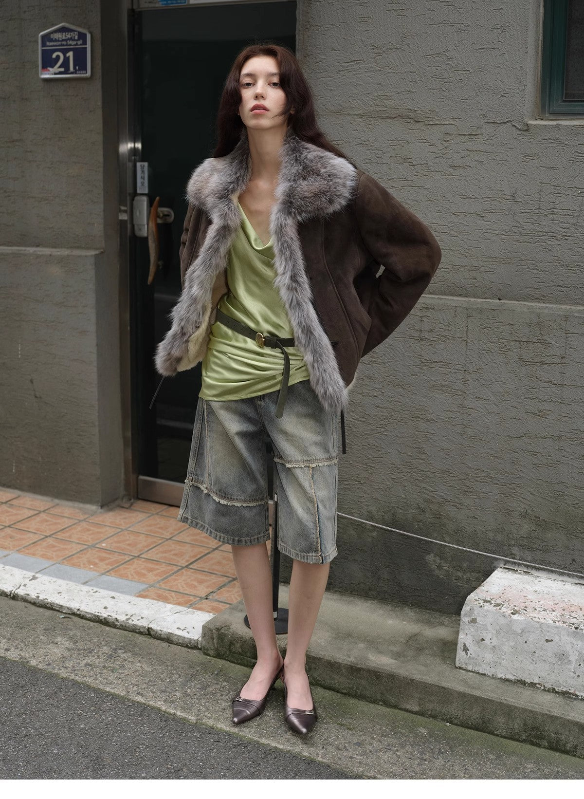 Fireladyfur Women's Shearling Coat - Imported Merino Wool Patchwork Fox Fur Collar Florence