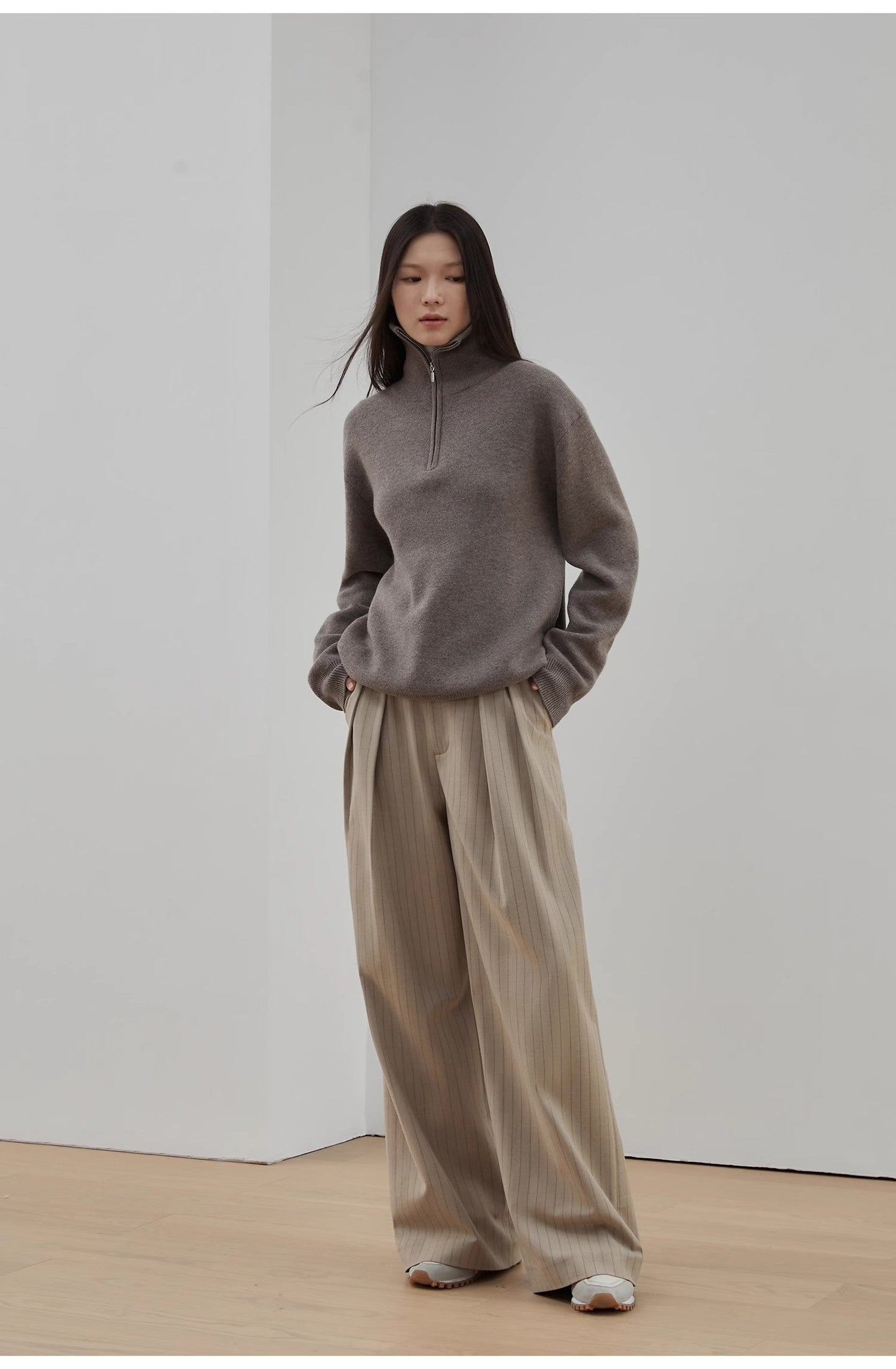 "Moonlight Farm" Merino Wool Lazy Loose Pullover Sweater Women's Zipper Turtleneck Sweater