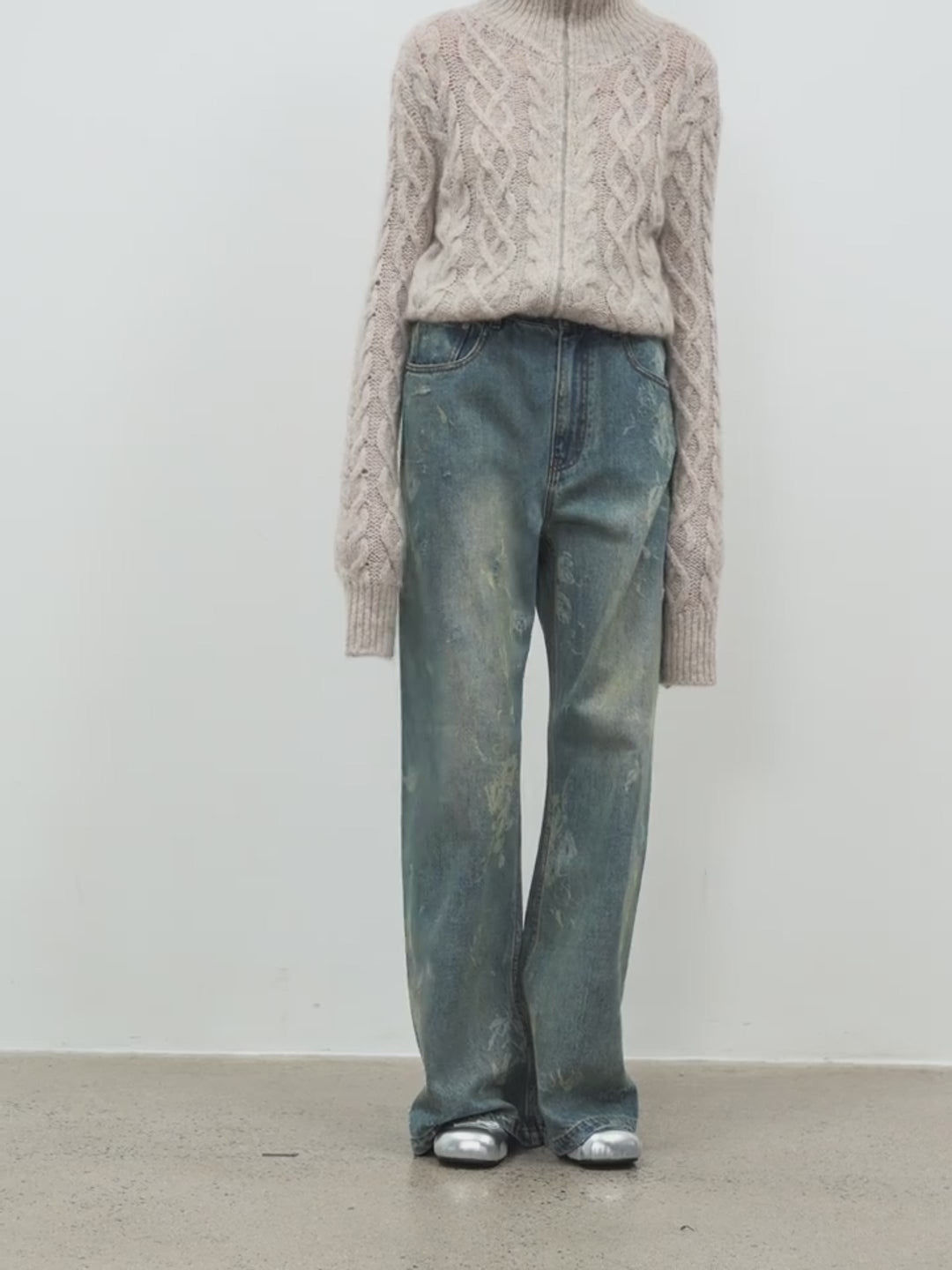 "Denim Shadow"retro Washed Printed Layered Casual Slimming Cotton Bootcut Jeans