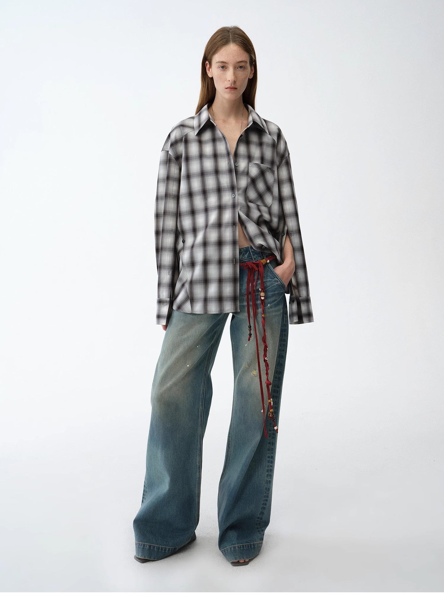 "Climber" Leather-Coated Distressed Straight Low-Rise Cotton Denim Trousers for Spring