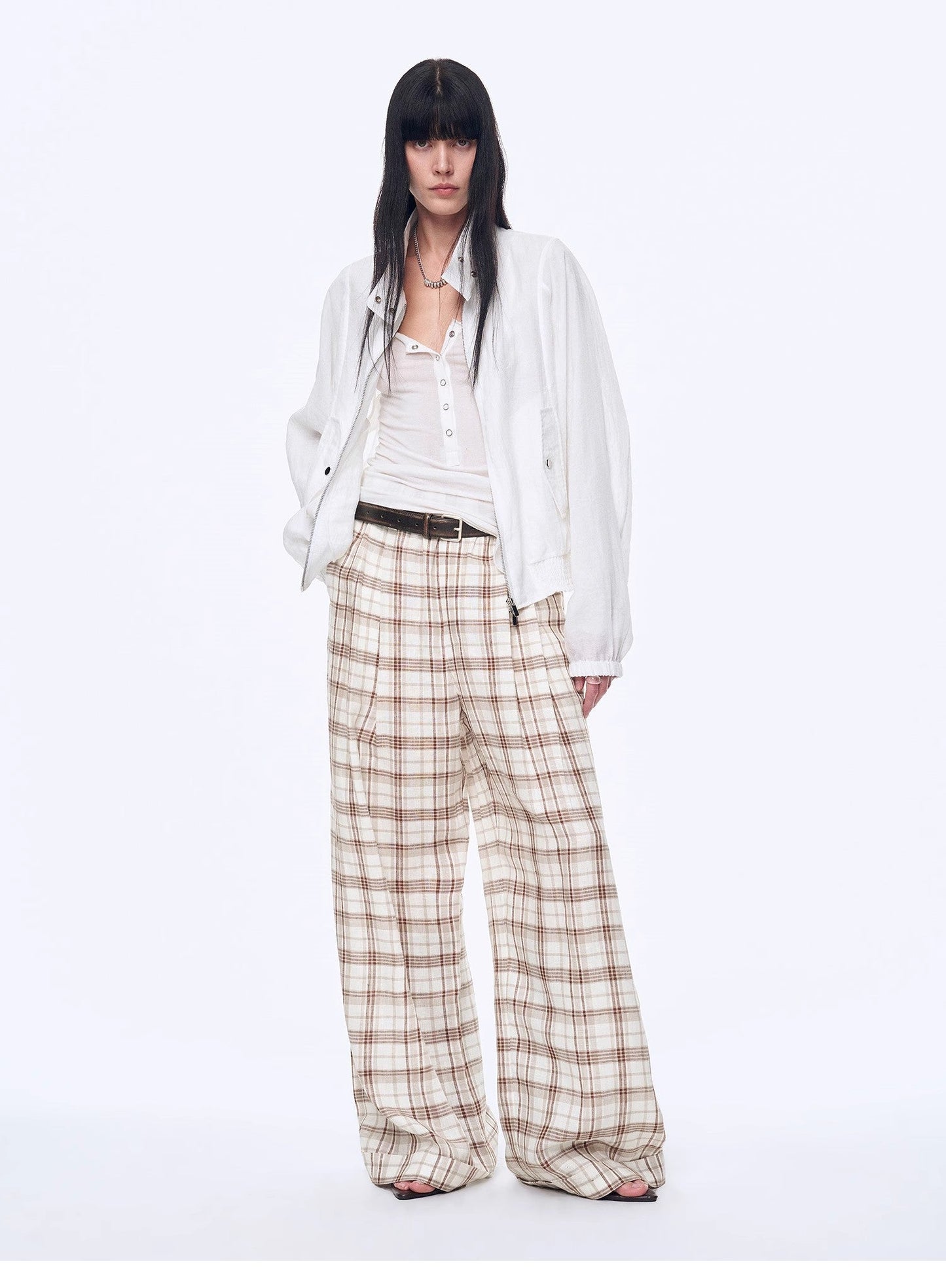 "Plaid Accent" National Style Tencel Acetate Jacquard/Drape Linen Plaid Retro Casual Pants Spring