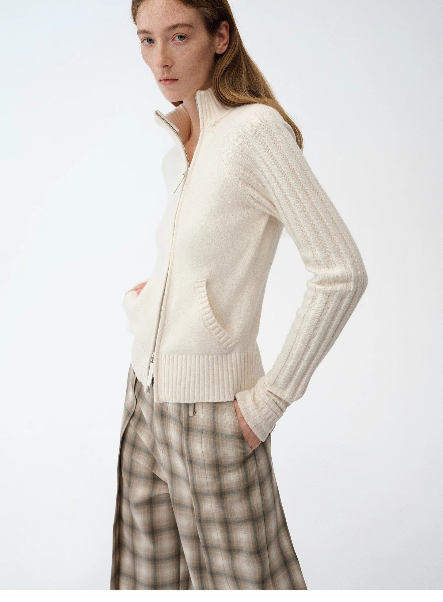 "Senna Melody" Oblique Placket Fine Merino Wool and Cotton Blend Zipper Knitted Cardigan Top for Women