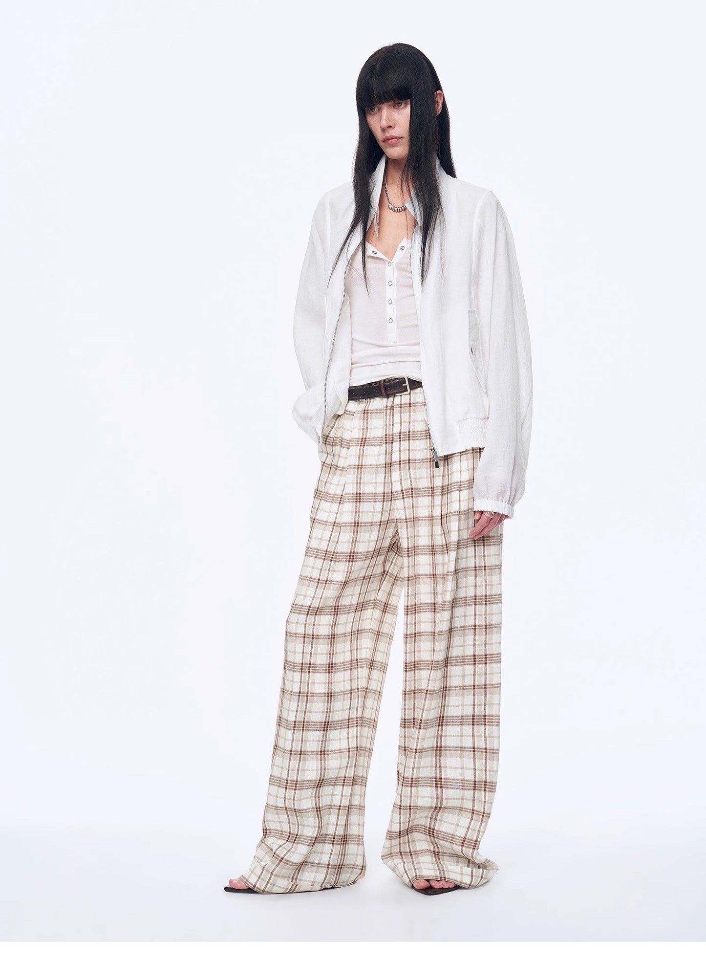 "Plaid Accent" National Style Tencel Acetate Jacquard/Drape Linen Plaid Retro Casual Pants Spring