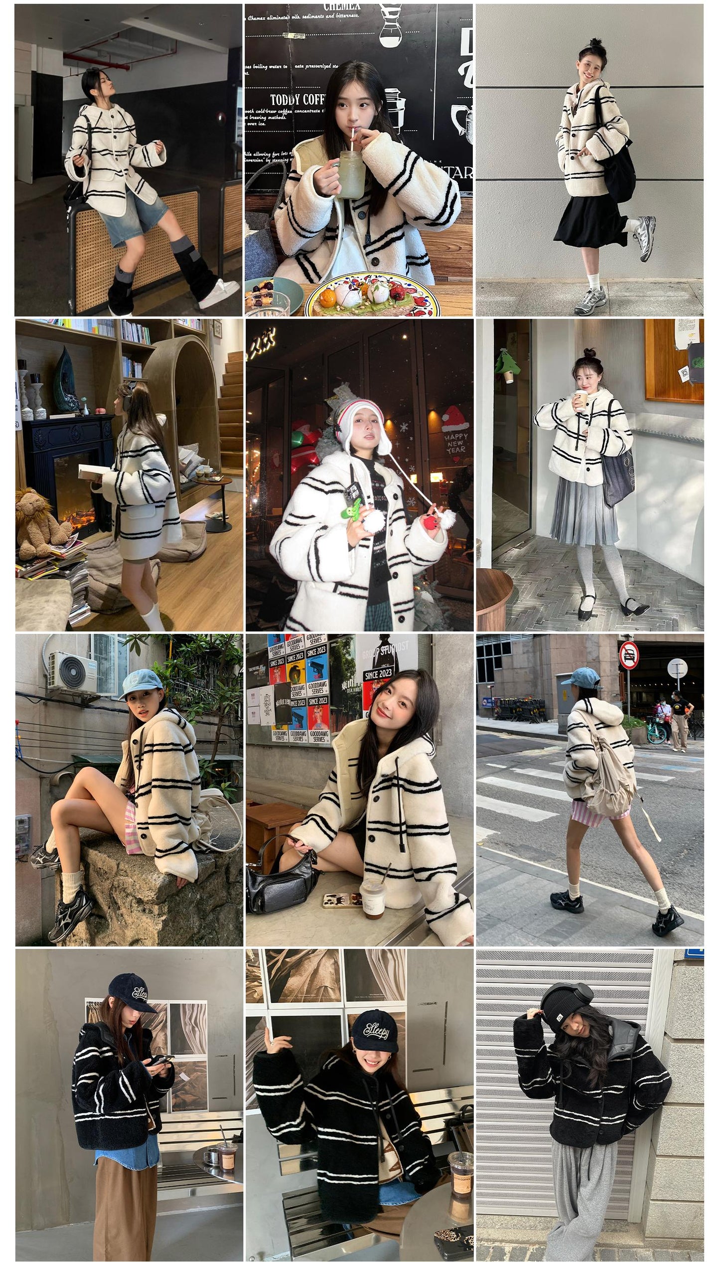 Snowy New Year Merino Sheepskin Lamb Wool Striped Jacket