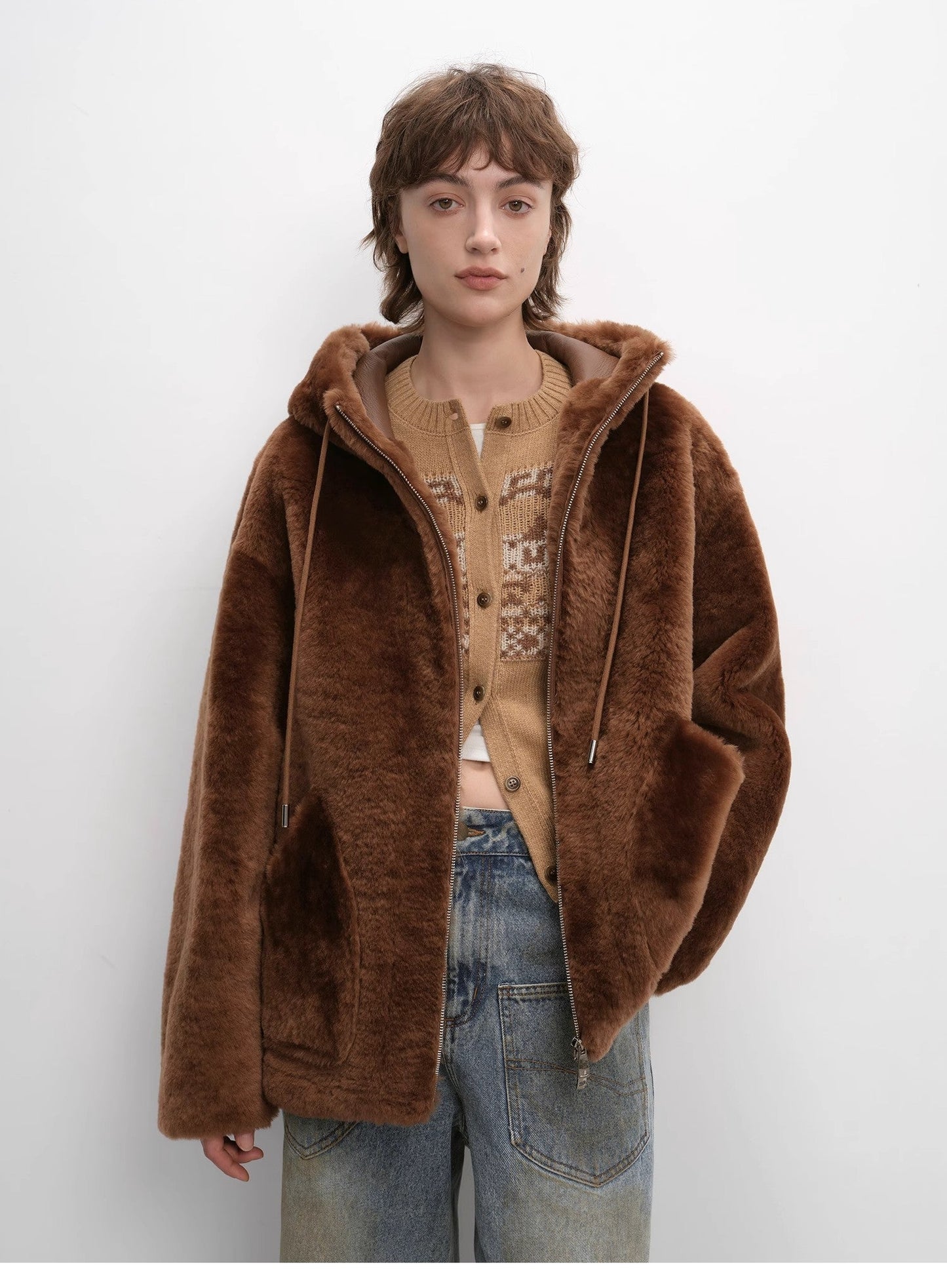 "Otaru Snow" Casual Hooded Silhouette Dropped Shoulder Merino Wool Sheepskin Fur Coat for Women