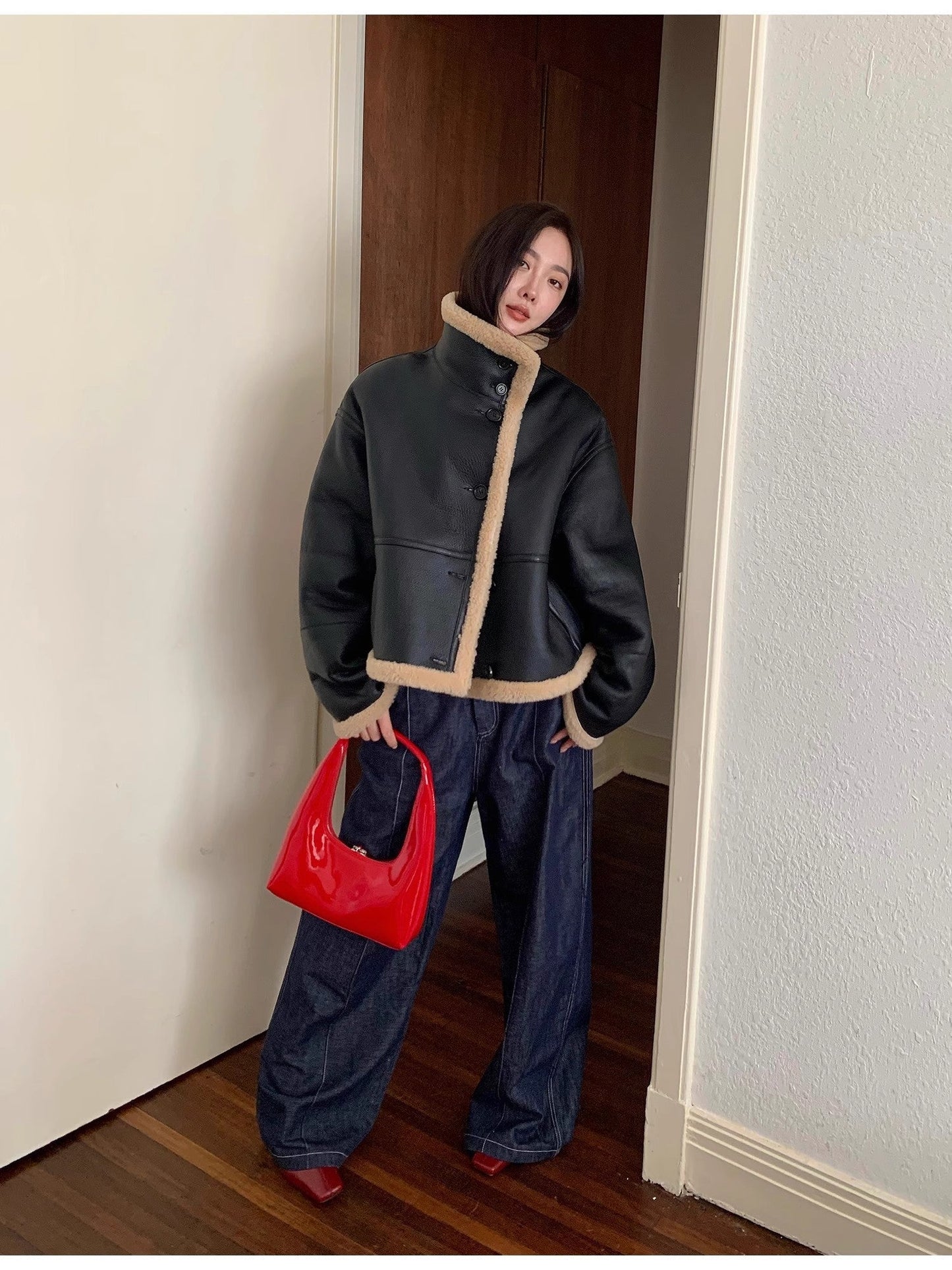 "Corner Coffee" Merino Wool Sheepskin Stand-Up Collar Motorcycle Reversible Young Fur Coat for Women