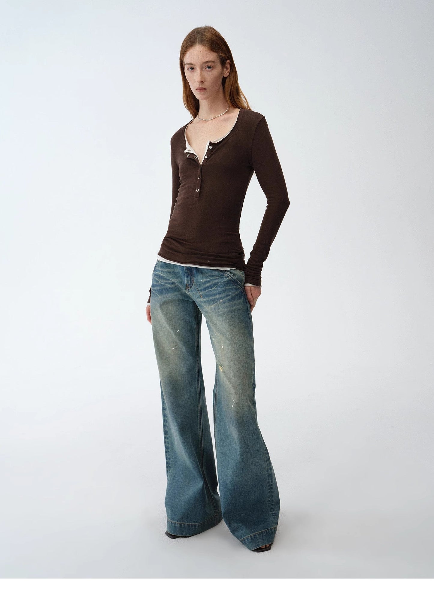 "Climber" Leather-Coated Distressed Straight Low-Rise Cotton Denim Trousers for Spring