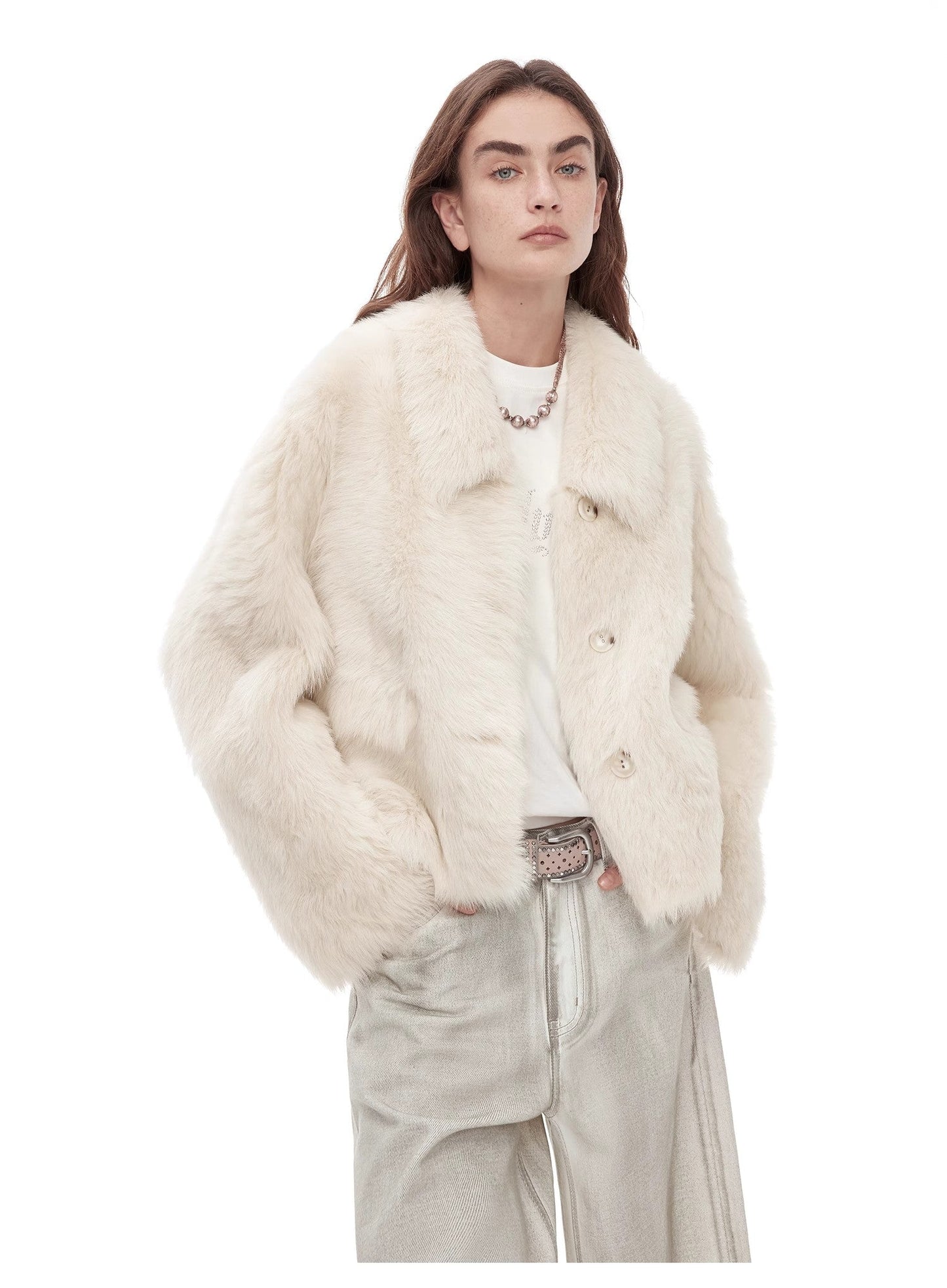 "Dream Walk" Long Lapel Tuscan Wool Sheepskin Short Fur Coat for Women