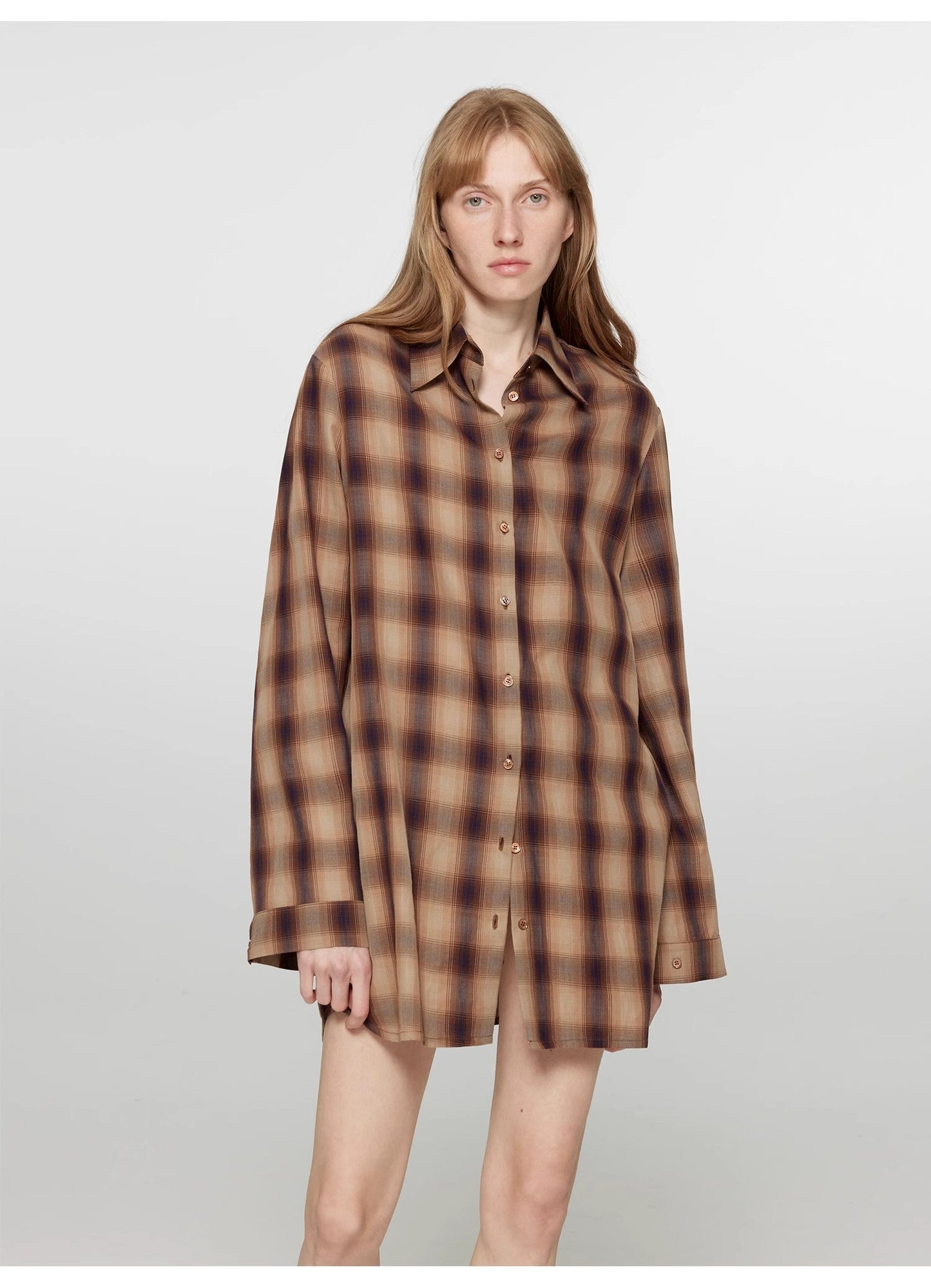"Tea Grid" High-Quality High-Count Cotton Loose Retro Plaid Shirt