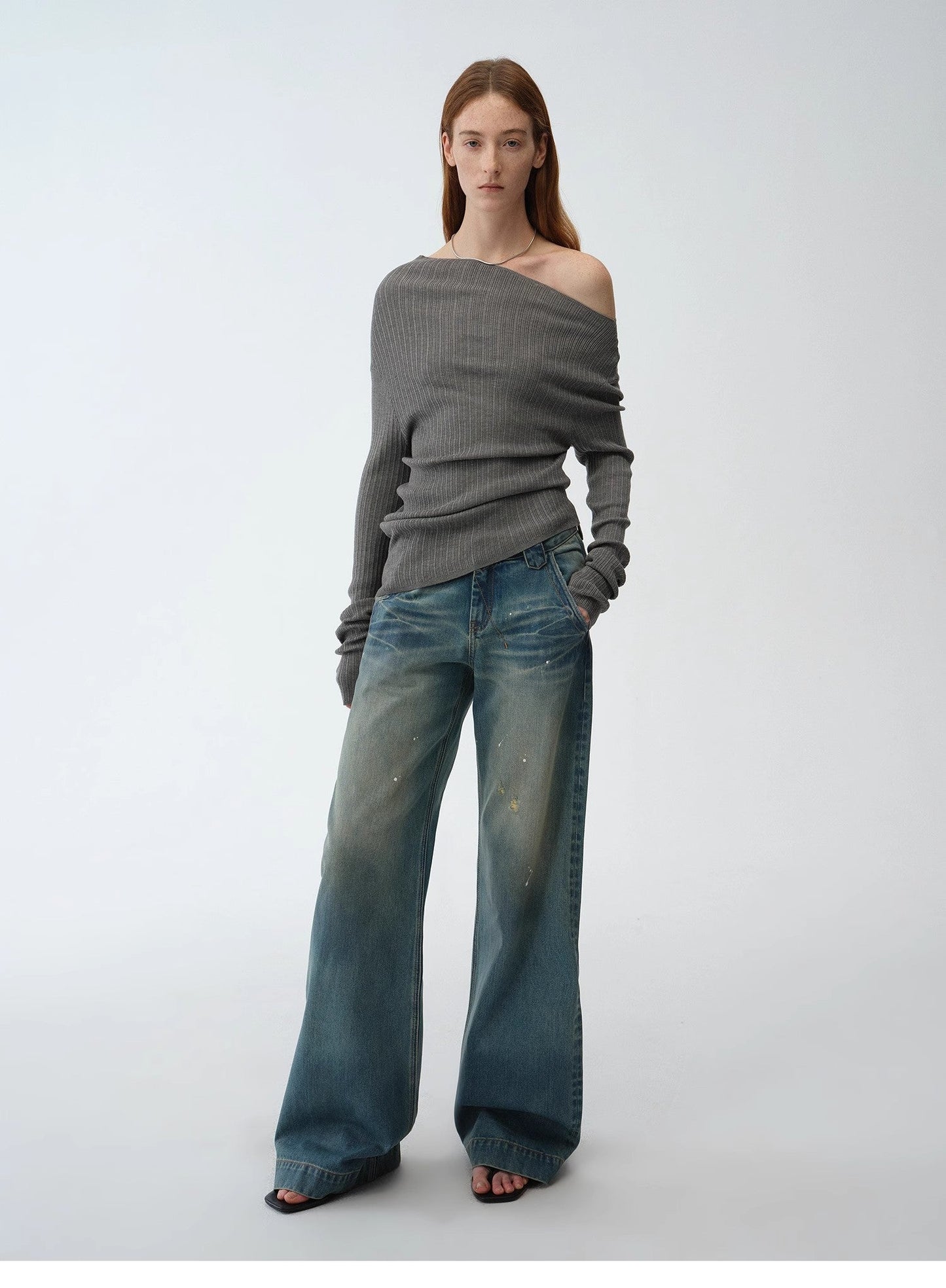"Climber" Leather-Coated Distressed Straight Low-Rise Cotton Denim Trousers for Spring