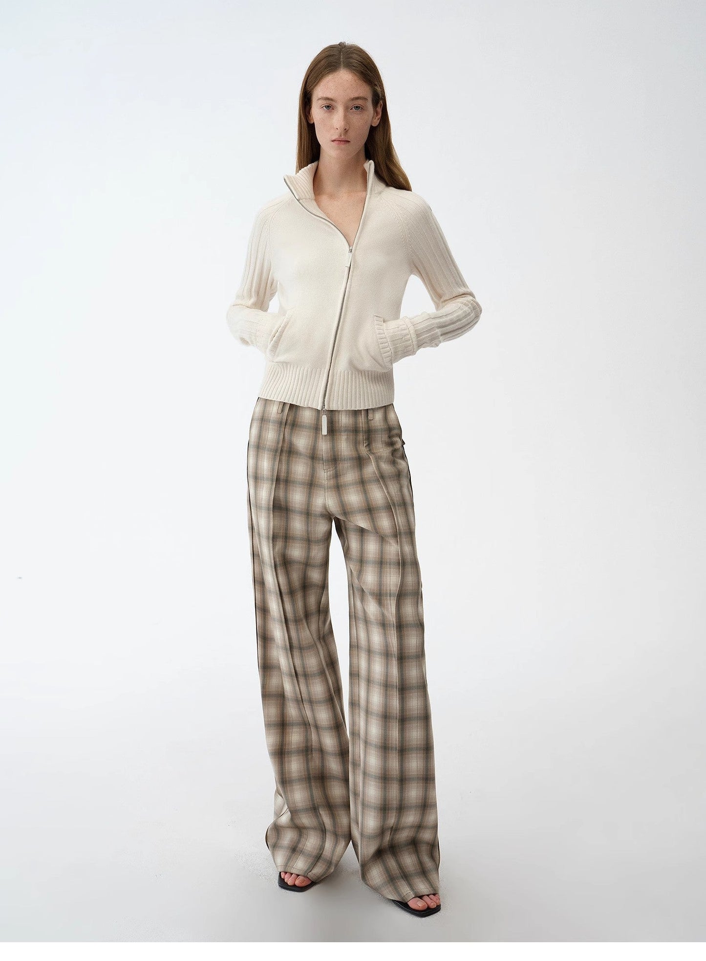 "Senna Melody" Oblique Placket Fine Merino Wool and Cotton Blend Zipper Knitted Cardigan Top for Women