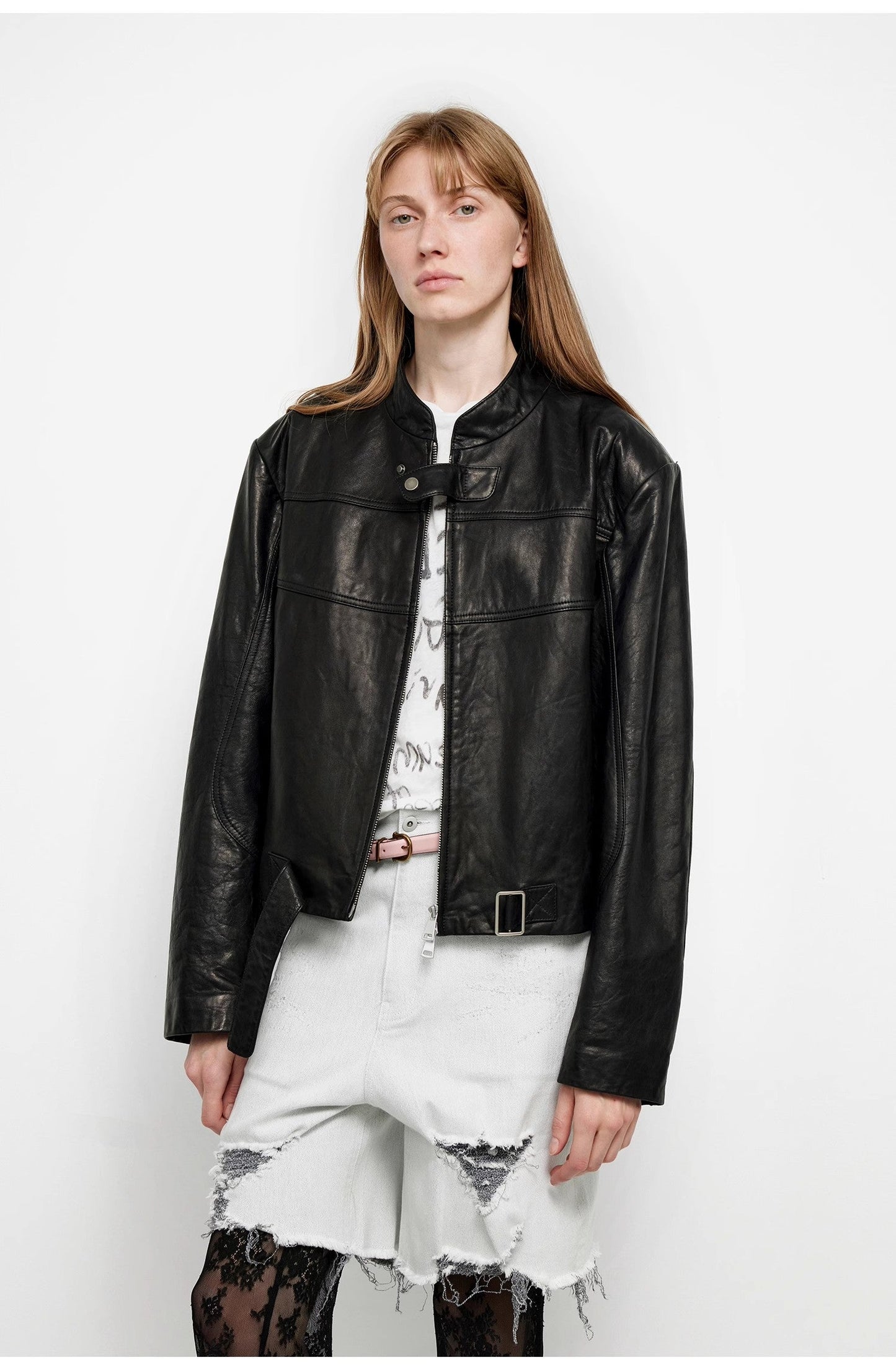 Retro Sheepskin Stand Collar Short Motorcycle Jacket “Caramel Mountain”