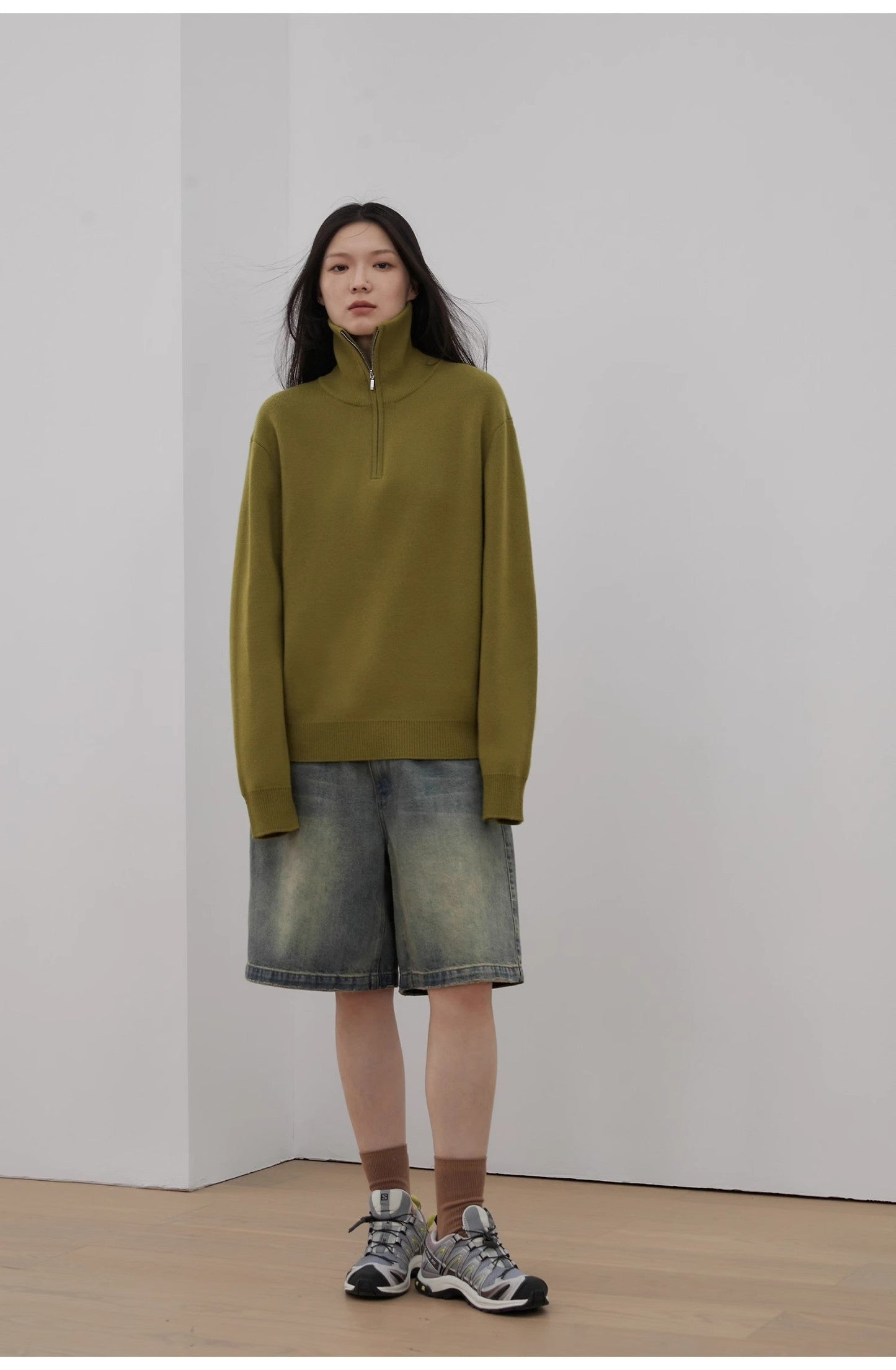 "Moonlight Farm" Merino Wool Lazy Loose Pullover Sweater Women's Zipper Turtleneck Sweater