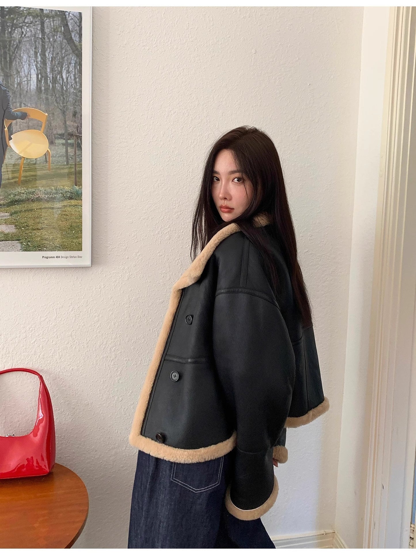 "Corner Coffee" Merino Wool Sheepskin Stand-Up Collar Motorcycle Reversible Young Fur Coat for Women